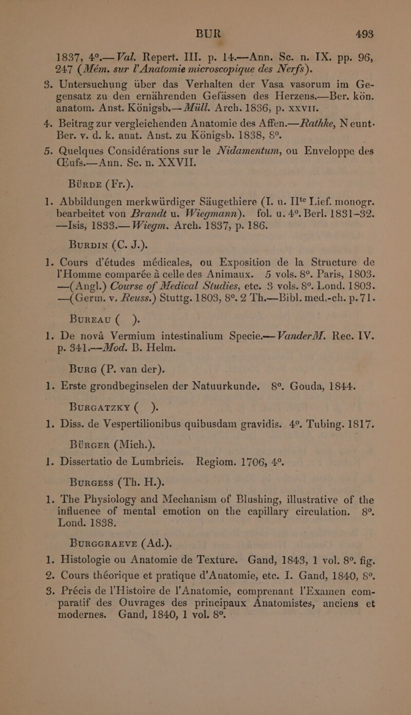 — —_ — jued pond BUR 4.93 * 1837, 4°.— Val. Repert. III. p. 14.--Ann. Se. n. IX. pp. 96, 247 (Mém. sur 1 Anatomie microscopique des Nerfs). gensatz zu den ernahrenden Gefassen des Herzens.—Ber. kon. anatom. Anst. Konigsb.— Mull. Arch. 1836, p. xxvii. Ber. v. d. k. anat. Anst. zu Konigsb. 1838, 8°. (EZufs.x—Ann. Se. n. XXVIII. Burve (F*r.). bearbeitet von Brandt u. Wiegmann). fol. u. 4°. Berl. 1831-32. —Isis, 1833.— Wiegm. Arch. 1837, p. 186. Burpin (C. J.). Homme comparée a celle des Animaux. 5 vols. 8°. Paris, 1803. —(Angl.) Course of Medical Studies, ete. 3 vols. 8°. Lond. 1803. —(Germ. v. Reuss.) Stuttg. 1803, 8°. 2 Th.—Bibl. med.-ch. p.71. Burzau a p- 341.——Mod. B. Helm. Bure (P. van der). Burcatzxy (_ ). Bircer (Mich.). Burcess (Th. H.). influence of mental emotion on the capillary circulation. 8°. Lond. 1838. BuRGGRAEVE (Ad.). Cours théorique et pratique d’Anatomie, ete. I. Gand, 1840, 8°. paratif des Ouvrages des principaux Anatomistes, anciens et