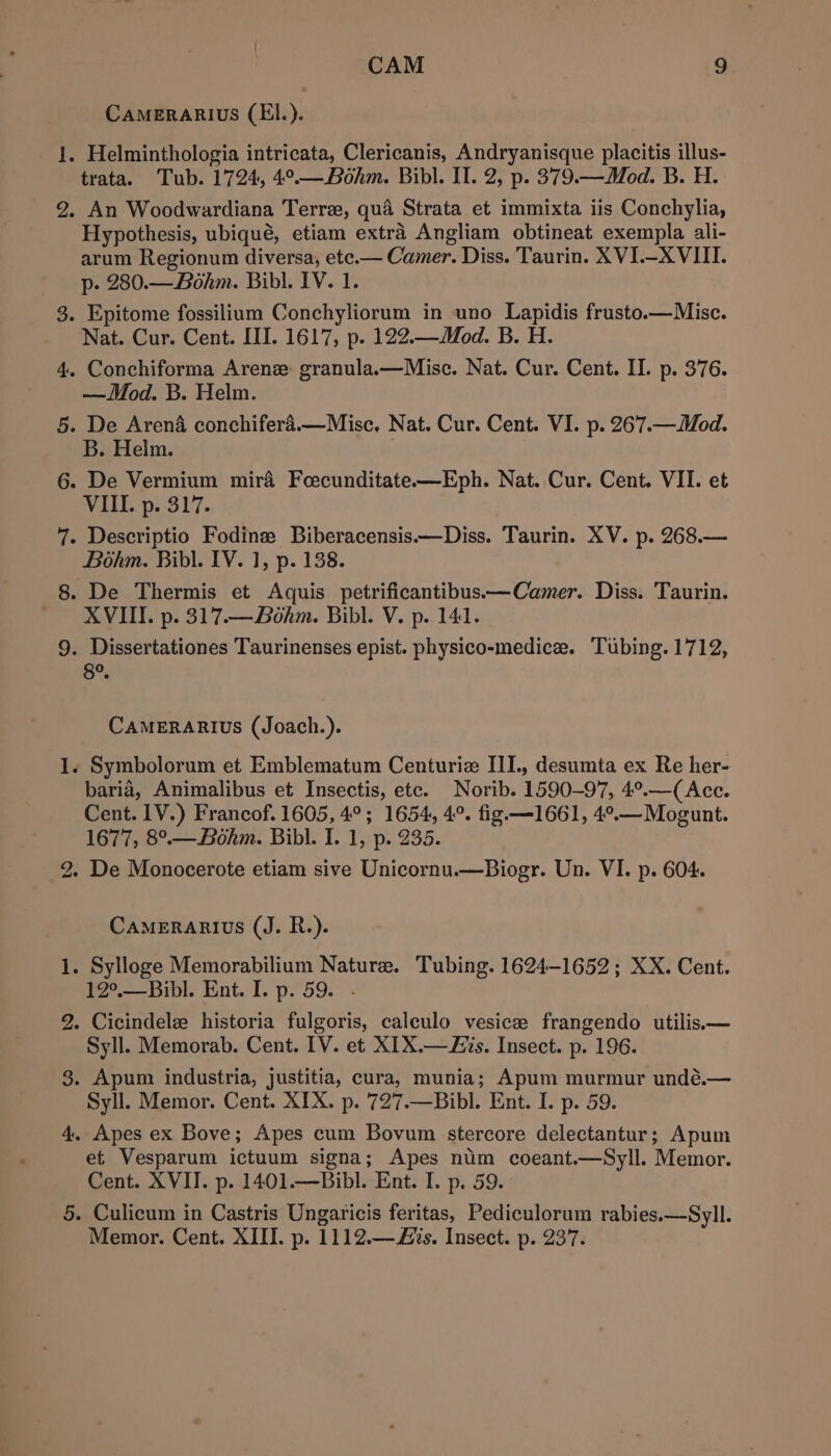 = ol bo jd CAM 9 CAMERARIUS (E1.). . Helminthologia intricata, Clericanis, Andryanisque placitis illus- trata. Tub. 1724, 4°.—Bohm. Bibl. II. 2, p. 379.—Mod. B. H. Hypothesis, ubiqué, etiam extra Angliam obtineat exempla ali- arum Regionum diversa, ete.— Camer. Diss. Taurin. XVI.—-X VIII. p- 280.—Bohm. Bibl. 1V. 1. Nat. Cur. Cent. III. 1617, p. 122.—Mod. B. H. — Mod. B. Helm. B. Helm. VIII. p. 317. Bohm. Bibl. IV. 1, p. 138. XVIII. p. 317.—Béhm. Bibl. V. p. 141. 8°. CAMERARIUs (Joach.). baria, Animalibus et Insectis, etc. Norib. 1590-97, 4°.—(Acc. Cent. LV.) Francof. 1605, 4°; 1654, 4°. fig —1661, 4°.—Mogunt. 1677, 8°.—Bohm. Bibl. I. 1, p. 235. De Monocerote etiam sive Unicornu.u—Biogr. Un. VI. p. 604. CAMERARIUS (J. R.). 19°,—Bibl. Ent. I. p. 59. - Syll. Memorab. Cent. IV. et XIX.—£is. Insect. p. 196. Syll. Memor. Cent. XIX. p. ’727.—Bibl. Ent. I. p. 59. et Vesparum ictuum signa; Apes num coeant.—Syll. Memor. Cent. XVII. p. 1401.—Bibl. Ent. I. p. 59. Culicum in Castris Ungaricis feritas, Pediculorum rabies.—Syll. Memor. Cent. XIII. p. 1112.—£is. Insect. p. 237.