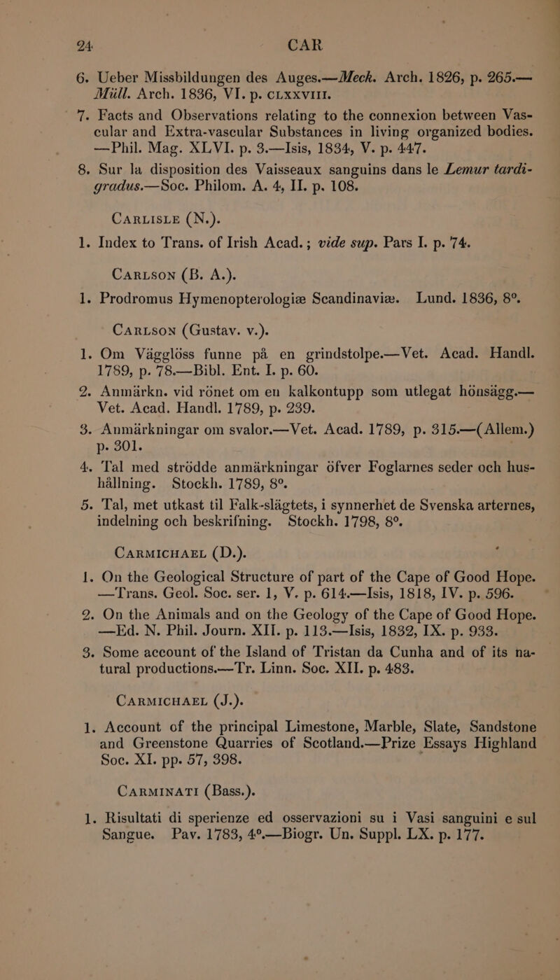 6. Ueber Missbildungen des Auges.—Meck. Arch. 1826, p. 265.— Mill. Arch. 1836, VI. p. cLxxviil. 7. Facts and Observations relating to the connexion between Vas- cular and Extra-vascular Substances in living organized bodies. —Phil. Mag. XLVI. p. 3.—Isis, 1834, V. p. 44:7. 8. Sur la disposition des Vaisseaux sanguins dans le Lemur tardi- gradus.—Soc. Philom. A. 4, II. p. 108. CARLISLE (N.). - Index to Trans. of Irish Acad. ; vide sup. Pars I. p. 74. fad Carson (B. A.). . Prodromus Hymenopterologiz Scandinaviz. Lund. 1836, 8°. — CARLSON (Gustav. v.). 1. Om Vaggloss funne p&amp; en grindstolpe.—Vet. Acad. Handl. 1759, p. 78.—Bibl. Ent. I. p. 60. 2. Anmirkn. vid ronet om en kalkontupp som utlegat honsagg.— Vet. Acad. Handl. 1789, p. 239. 3. Anmarkningar om svalor.—Vet. Acad. 1789, p. 315.—(Allem.) p- 301. 4. Tal med strodde anmarkningar ofver Foglarnes seder och hus- hallning. Stockh. 1789, 8°. 5. Tal, met utkast til Falk-slagtets, i synnerhet de Svenska arternes, indelning och beskrifning. Stockh. 1798, 8°. CARMICHAEL (D.). home - On the Geological Structure of part of the Cape of Good Hope. —Trans. Geol. Soc. ser. 1, V. p. 614.—Isis, 1818, IV. p. 596. 2. On the Animals and on the Geology of the Cape of Good Hope. —Ed. N. Phil. Journ. XIT. p. 113.—Isis, 1832, IX. p. 933. 3. Some account of the Island of Tristan da Cunha and of its na- tural productions.—Tr. Linn. Soc, XII. p. 483. CARMICHAEL (J.). bh . Account of the principal Limestone, Marble, Slate, Sandstone and Greenstone Quarries of Scotland.—Prize Essays Highland Soc. XI. pp. 57, 398. CARMINATI (Bass.). — . Risultati di sperienze ed osservazioni su i Vasi sanguini e sul Sangue. Pay. 1783, 4°.—Biogr. Un. Suppl. LX. p. 177.