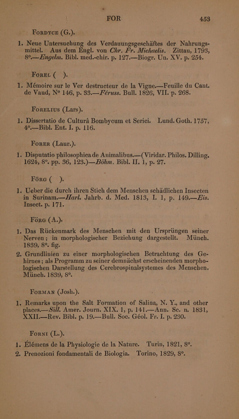 * | FOR 4.53 Forpyce (G.). 1. Neue Untersuchung des Verdauungsgeschiftes der Nahrungs- mittel. Aus dem Engl. von Chr. Fr. Michaelis. Zittau, 1793, 8°.—Engelm. Bibl. med.-chir. p. 127.—Biogr. Un. XV. p. 254. Foret (_ ). 1. Mémoire sur le Ver destructeur de la Vigne.—Feuille du Cant. de Vaud, N° 146, p. 33.— Féruss. Bull. 1826, VII. p. 268. Forettius (Lars). 1. Dissertatio de Cultura Bombycum et Serici. Lund. Goth. 1757, 4°.—Bibl. Ent. I. p. 116. Forer (Laur.). 1. Disputatio philosophicade Animalibus.—(Viridar. Philos. Dilling. 1624, 8°. PP. 36, 123.) —Bohm. Bibl. II. 1, p. 27. Fore (_). 1. Ueber die durch ihren Stich dem Menschen schadlichen Insecten in Surinam.—farl. Jahrb. d. Med. 1813, I. 1, p. 149.—EZis. Insect. p. 171. Fore (A.). 1. Das Riickenmark des Menschen mit den Urspriingen seiner Nerven; in morphologischer Beziehung dargestellt. Munch. 1839, 8°. fig. 2. Grundlinien zu einer morphologischen Betrachtung des Ge- hirnes ; als Programm zu seiner demnachst erscheinenden morpho- logischen Darstellung des Cerebrospinalsystemes des Menschen. Minch. 1839, 8°. ForMAN (Josh.). 1. Remarks upon the Salt Formation of Salina, N. Y., and other places.— S7/J. Amer. Journ. XIX. 1, p. 141.—Ann. Se. n. 1831, XXII.—Rev. Bibl. p. 19.—Bull. Soc. Géol. Fr. I. p. 230. Forni (L.). 1. Elémens de la Physiologie de la Nature. Turin, 1821, 8°. 2. Prenozioni fondamentali de Biologia. Torino, 1829, 8°.