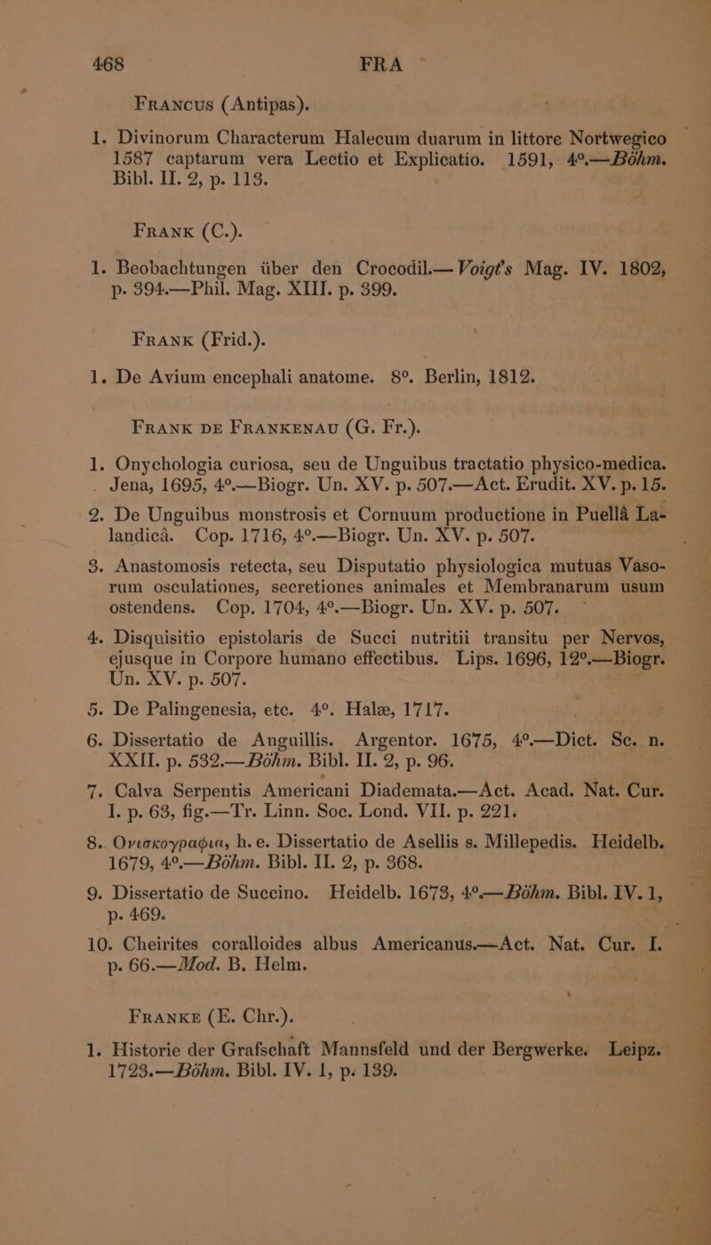 Francus (Antipas). 1. Divinorum Characterum Halecum duarum in littore Nortwegico 1587 captarum vera Lectio et Explicatio. 1591, 4°—Bohm. Bibl. 11.2. p. 178. Frank (C.). 1. Beobachtungen iiber den Crocodil.— Voigt’s Mag. IV. 1802, p- 394.—Phil. Mag. XIII. p. 399. FRANK (Frid.). 1. De Avium encephali anatome. 8°. Berlin, 1812. FRANK DE FRANKENAU (G., Fr.). 1. Onychologia curiosa, seu de Unguibus tractatio physico-medica. _ Jena, 1695, 4°.—Biogr. Un. XV. p. 507.—Act. Erudit. XV. p. 15. 2. De Unguibus monstrosis et Cornuum productione in Puella La- landica. Cop. 1716, 4°.—Biogr. Un. XV. p. 507. 3. Anastomosis retecta, seu Disputatio physiologica mutuas Vaso- rum osculationes, secretiones animales et Membranarum usum ostendens. Cop. 1704, 4°.—Biogr. Un. XV. p. 507. 4. Disquisitio epistolaris de Succi nutritii transitu per Nervos, ejusque in Corpore humano effectibus. Lips. 1696, 12°.—Biogr. Un. XV. p. 507. 5. De Palingenesia, etc. 4°. Hale, 1717. t 6. Dissertatio de Anguillis. Argentor. 1675, 4°.—Dict. Se. n. XXII. p. 532.—Bohm. Bibl. II. 2, p. 96. 7. Calva Serpentis Americani Diademata.—Act. Acad. Nat. Cur. I. p. 63, fig. —Tr. Linn. Soc. Lond. VII. p. 221. 1679, 4°.— Bohm. Bibl. IL. 2, p. 368. 9. Dissertatio de Succino. Heidelb. 1673, 4°—— Bohm. Bibl. IV. 1, p- 469. 10. Cheirites coralloides albus Americanus.—Act. Nat. Cur. I. p- 66.—Mod. B. Helm. \ FrANKE (E. Chr.). 1723.—Bohm. Bibl. IV. 1, p. 139. i. &gt; ‘ a an ee hee eo i a eS ee ee ee