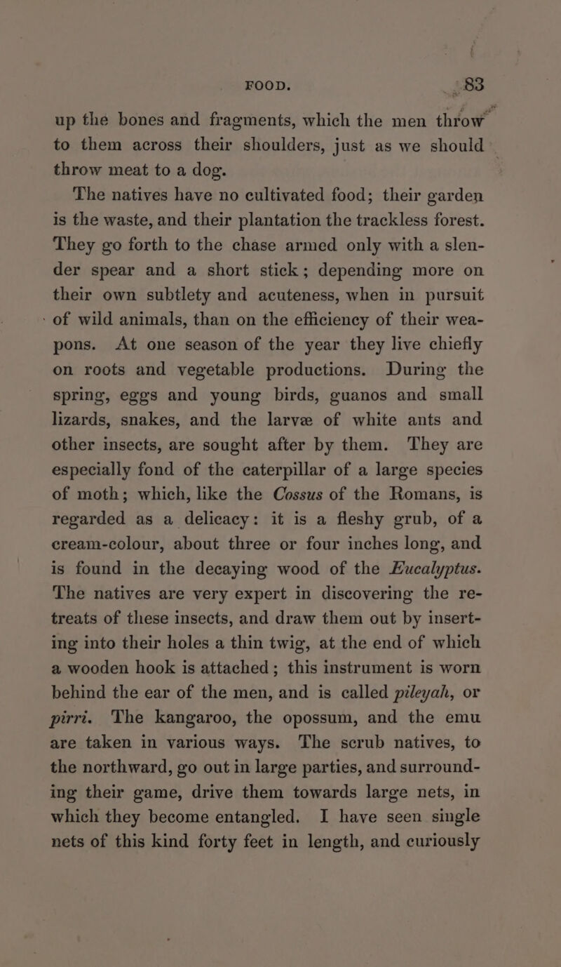 up the bones and fragments, which the men throw to them across their shoulders, just as we should throw meat to a dog. | The natives have no cultivated food; their garden is the waste, and their plantation the trackless forest. They go forth to the chase armed only with a slen- der spear and a short stick; depending more on their own subtlety and acuteness, when in pursuit - of wild animals, than on the efficiency of their wea- pons. At one season of the year they live chiefly on roots and vegetable productions. During the spring, eggs and young birds, guanos and small lizards, snakes, and the larve of white ants and other insects, are sought after by them. They are especially fond of the caterpillar of a large species of moth; which, like the Cossus of the Romans, is regarded as a delicacy: it is a fleshy grub, of a cream-colour, about three or four inches long, and is found in the decaying wood of the Eucalyptus. The natives are very expert in discovering the re- treats of these insects, and draw them out by insert- ing into their holes a thin twig, at the end of which a wooden hook is attached; this instrument is worn behind the ear of the men, and is called pileyah, or pirrt. The kangaroo, the opossum, and the emu are taken in various ways. The scrub natives, to the northward, go out in large parties, and surround- ing their game, drive them towards large nets, in which they become entangled. I have seen single nets of this kind forty feet in length, and curiously