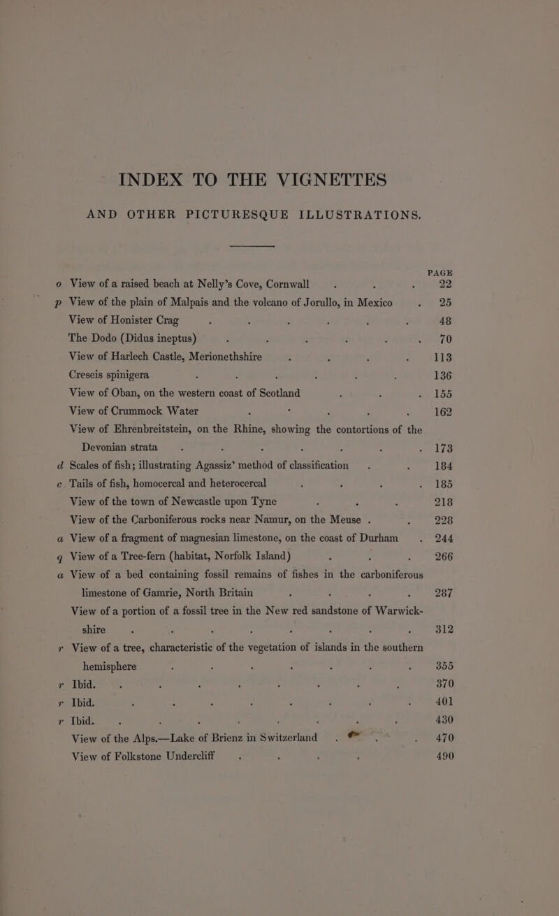 INDEX TO THE VIGNETTES AND OTHER PICTURESQUE ILLUSTRATIONS. a ~ ic} View of the plain of Malpais and the volcano of Jorullo, in Mexico View of Honister Crag The Dodo (Didus ineptus) View of Harlech Castle, Merionethshire Creseis spinigera , View of Oban, on the western coast of Scotland View of Crummock Water ; View of Ehrenbreitstein, on the Rhine, showing the contortions of the Devonian strata ; Scales of fish; illustrating Agassiz’ method of classification Tails of fish, homocercal and heterocercal View of the town of Newcastle upon Tyne View of the Carboniferous rocks near Namur, on the Meuse . View of a fragment of magnesian limestone, on the coast of Durham Ss — ~ View of a bed containing fossil remains of fishes in the carboniferous limestone of Gamrie, North Britain View of a portion of a fossil tree in the New red sandstone of Warwick- shire hemisphere * Ibid. > Ibid. : : : , » Thid. A ‘ : : ’ View of the Alps.—Lake of Brienz in Switzerland . ® PAGE 22 25 48 70 113 136 155 162 173 184 185 218 228 244 266 287 312 355 370 401 430 470