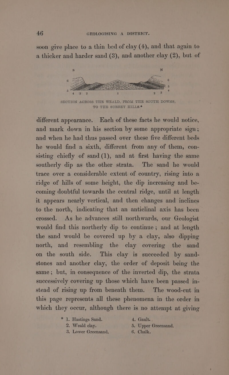 A6 GEOLOGISING A DISTRICT. soon give place to a thin bed of clay (4), and that again to a thicker and harder sand (3), and another clay (2), but of SECTION ACROSS THE WEALD, FROM THE SOUTH DOWNS, TO THE SURREY HILLS.* different appearance. Each of these facts he would notice, and mark down in his section by some appropriate sign ; and when he had thus passed over these five different beds he would find a sixth, different from any of them, con- sisting chiefly of sand(1), and at first having the same southerly dip as the other strata. The sand he would trace over a considerable extent of country, rising into a ridge of hills of some height, the dip increasing and be- coming doubtful towards the central ridge, until at length it appears nearly vertical, and then changes and inclines to the north, indicating that an anticlinal axis has been crossed. As he advances still northwards, our Geologist would find this northerly dip to continue; and at length the sand would be covered up by a clay, also dipping north, and resembling the clay covering the sand on the south side. This clay is succeeded by sand- stones and another clay, the order of deposit being the same; but, in consequence of the inverted dip, the strata successively covering up those which have been passed in- stead of rising up from beneath them. The wood-cut in this page represents all these phenomena in the order in which they occur, although there is no attempt at giving * 1. Hastings Sand. 4, Gault. 2. Weald clay. 5. Upper Greensand. 3. Lower Greensand. 6. Chalk.