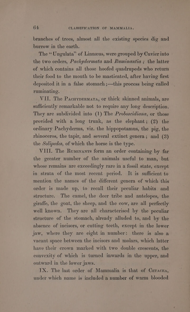 branches of trees, almost all the existing species dig and burrow in the earth. The “ Ungulata” of Linnzeus, were grouped by Cuvier into the two orders, Pachydermata and Ruminantia ; the latter of which contains all those hoofed quadrupeds who return their food to the mouth to be masticated, after having first deposited it in a false stomach ;—this process being called ruminating. VII. The Pacuypermara, or thick skinned animals, are sufficiently remarkable not to require any long description. They are subdivided into (1) The Proboscidiana, or those provided with a long trunk, as the elephant; (2) the ordinary Pachyderms, viz. the hippopotamus, the pig, the rhinoceros, the tapir, and several extinct genera; and (3) the Solipedes, of which the horse is the type. VIII. The Rumranrs form an order containing by far the greater number of the animals useful to man, but whose remains are exceedingly rare in a fossil state, except in strata of the most recent period. It is sufficient to mention the names of the different genera of which this order is made up, to recall their peculiar habits and structure. The camel, the deer tribe and antelopes, the giraffe, the goat, the sheep, and the cow, are all perfectly well known. ‘They are all characterised by the peculiar structure of the stomach, already alluded to, and by the absence of incisors, or cutting teeth, except in the lower jaw, where they are eight in number: there is also a vacant space between the incisors and molars, which latter have their crown marked with two double crescents, the convexity of which is turned inwards in the upper, and outward in the lower jaws. IX. The last order of Mammalia is that of Crracka, under which name is included a number of warm blooded