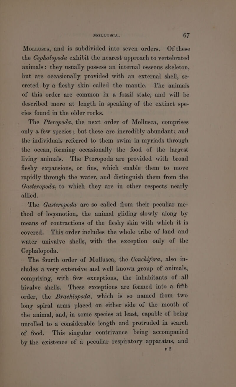 Mo tuzusca, and is subdivided into seven orders. Of these the Cephalopoda exhibit the nearest approach to vertebrated animals: they usually possess an internal osseous skeleton, but are occasionally provided with an external shell, se- ereted by a fleshy skin called the mantle. The animals of this order are common in a fossil state, and will be described more at length in speaking of the extinct spe- cies found in the older rocks. The Pteropoda, the next order of Mollusca, comprises only a few species; but these are incredibly abundant; and. the individuals referred to them swim in myriads through the ocean, forming occasionally the food of the largest living animals. The Pteropoda are provided with broad fleshy expansions, or fins, which enable them to move rapidly through the water, and distinguish them from the Gasteropoda, to which they are in other respects nearly allied. The Gasteropoda are so called from their peculiar me- thod of locomotion, the animal gliding slowly along by means of contractions of the fleshy skin with which it is covered. ‘This order includes the whole tribe of land and water univalve shells, with the exception only of the Cephalopoda. The fourth order of Mollusca, the Conchifera, also in- cludes a very extensive and well known group of animals, comprising, with few exceptions, the inhabitants of all bivalve shells. These exceptions are formed into a fifth order, the Brachiopoda, which is so named from two long spiral arms placed on either side of the mouth of the animal, and, in some species at least, capable of being unrolled to a considerable length and protruded in search of food. This singular contrivance being accompanied by the existence of a peculiar respiratory apparatus, and F2