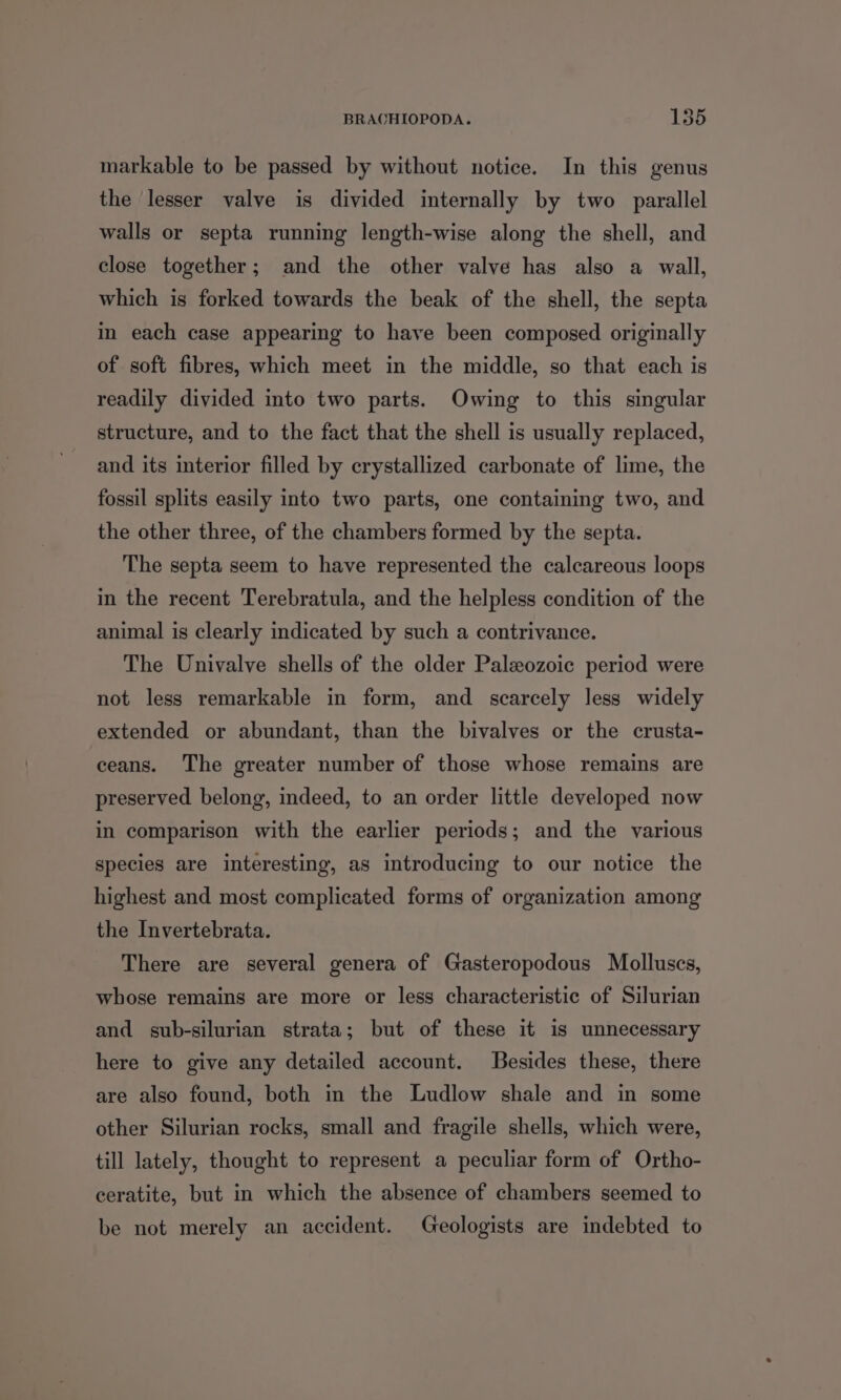 markable to be passed by without notice. In this genus the lesser valve is divided internally by two parallel walls or septa running length-wise along the shell, and close together; and the other valve has also a wall, which is forked towards the beak of the shell, the septa in each case appearing to have been composed originally of soft fibres, which meet in the middle, so that each is readily divided into two parts. Owing to this singular structure, and to the fact that the shell is usually replaced, and its interior filled by crystallized carbonate of lime, the fossil splits easily into two parts, one containing two, and the other three, of the chambers formed by the septa. The septa seem to have represented the calcareous loops in the recent Terebratula, and the helpless condition of the animal is clearly indicated by such a contrivance. The Univalve shells of the older Paleozoic period were not less remarkable in form, and scarcely less widely extended or abundant, than the bivalves or the crusta- ceans. The greater number of those whose remains are preserved belong, indeed, to an order little developed now in comparison with the earlier periods; and the various species are interesting, as introducing to our notice the highest and most complicated forms of organization among the Invertebrata. There are several genera of Gasteropodous Molluscs, whose remains are more or less characteristic of Silurian and sub-silurian strata; but of these it is unnecessary here to give any detailed account. Besides these, there are also found, both in the Ludlow shale and in some other Silurian rocks, small and fragile shells, which were, till lately, thought to represent a peculiar form of Ortho- ceratite, but in which the absence of chambers seemed to be not merely an accident. Geologists are indebted to