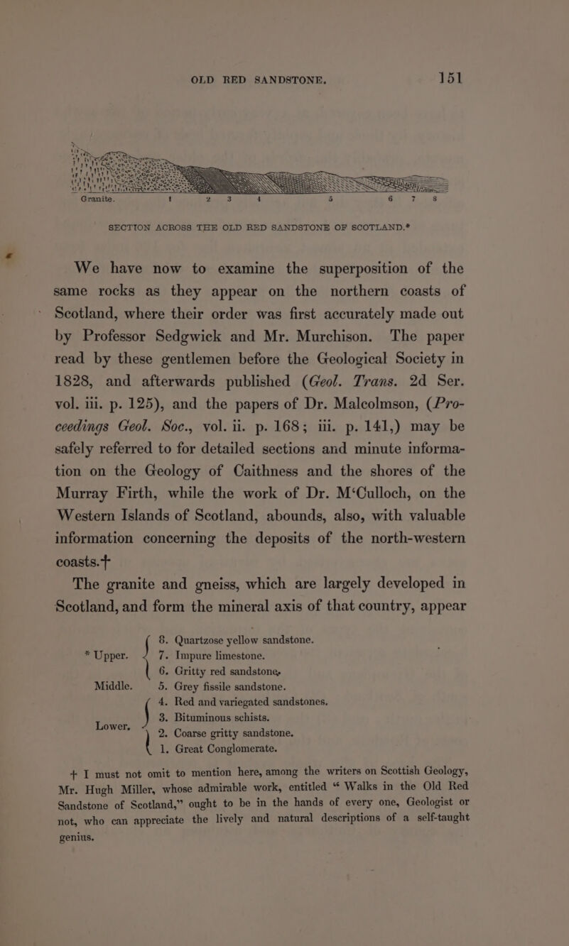 We have now to examine the superposition of the same rocks as they appear on the northern coasts of Scotland, where their order was first accurately made out by Professor Sedgwick and Mr. Murchison. The paper read by these gentlemen before the Geological Society in 1828, and afterwards published (Geol. Trans. 2d Ser. vol. i. p. 125), and the papers of Dr. Malcolmson, (Pro- ceedings Geol. Soc., vol. i. p. 168; iii. p. 141,) may be safely referred to for detailed sections and minute informa- tion on the Geology of Caithness and the shores of the Murray Firth, while the work of Dr. M‘Culloch, on the Western Islands of Scotland, abounds, also, with valuable information concerning the deposits of the north-western coasts. The granite and gneiss, which are largely developed in Scotland, and form the mineral axis of that country, appear . Quartzose yellow sandstone. * Upper. - Impure limestone. . Gritty red sandstone, Middle. Grey fissile sandstone. Red and variegated sandstones, . Bituminous schists. Coarse gritty sandstone. . Great Conglomerate. Lower, § + I must not omit to mention here, among the writers on Scottish Geology, Mr. Hugh Miller, whose admirable work, entitled “ Walks in the Old Red Sandstone of Scotland,” ought to be in the hands of every one, Geologist or not, who can appreciate the lively and natural descriptions of a self-taught tet genius.