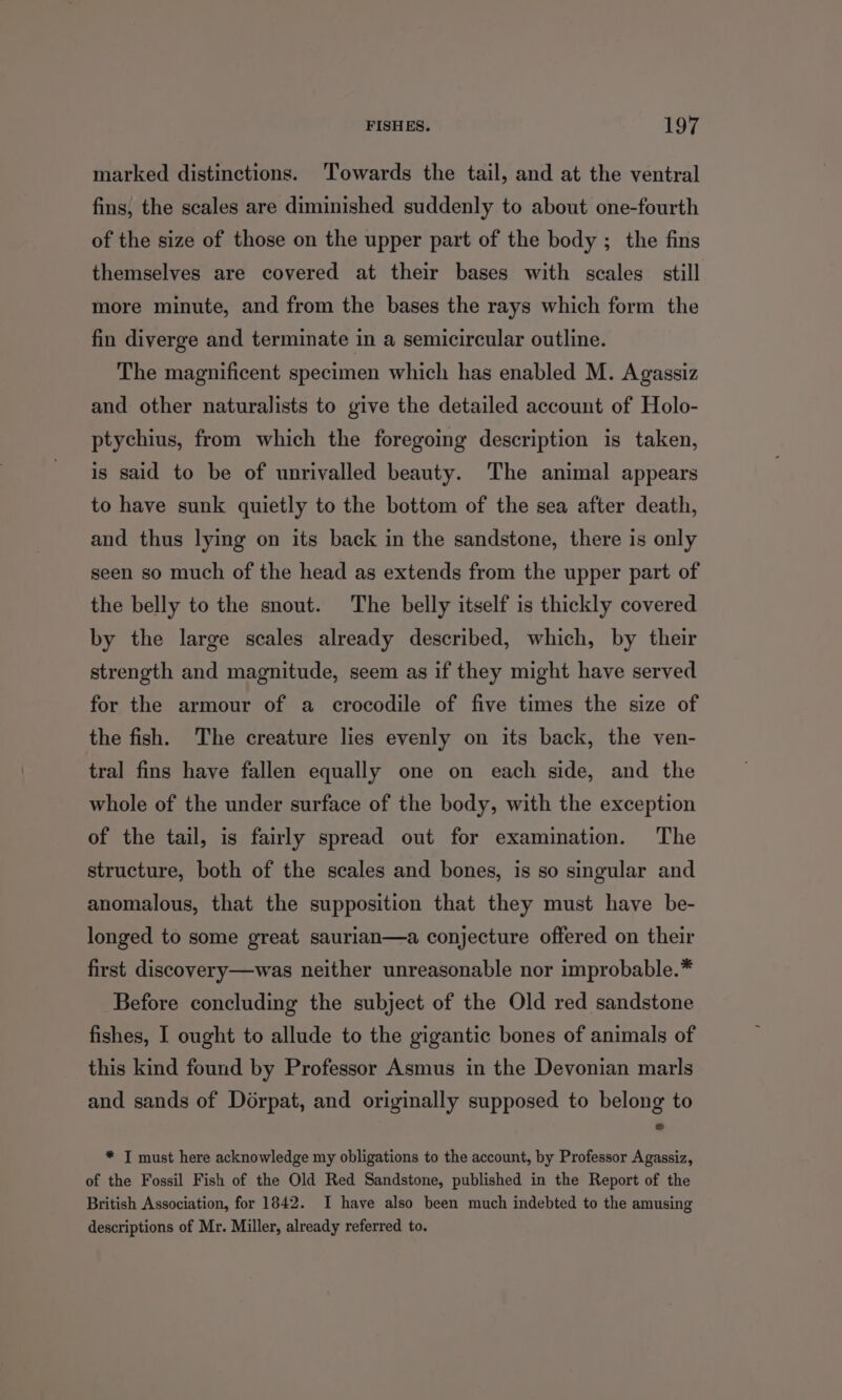 marked distinctions. ‘Towards the tail, and at the ventral fins, the scales are diminished suddenly to about one-fourth of the size of those on the upper part of the body ; the fins themselves are covered at their bases with scales still more minute, and from the bases the rays which form the fin diverge and terminate in a semicircular outline. The magnificent specimen which has enabled M. Agassiz and other naturalists to give the detailed account of Holo- ptychius, from which the foregoing description is taken, is said to be of unrivalled beauty. The animal appears to have sunk quietly to the bottom of the sea after death, and thus lying on its back in the sandstone, there is only seen so much of the head as extends from the upper part of the belly to the snout. The belly itself is thickly covered by the large scales already described, which, by their strength and magnitude, seem as if they might have served for the armour of a crocodile of five times the size of the fish. The creature lies evenly on its back, the ven- tral fins have fallen equally one on each side, and the whole of the under surface of the body, with the exception of the tail, is fairly spread out for examination. The structure, both of the scales and bones, is so singular and anomalous, that the supposition that they must have be- longed to some great saurian—a conjecture offered on their first discovery—was neither unreasonable nor improbable.* Before concluding the subject of the Old red sandstone fishes, I ought to allude to the gigantic bones of animals of this kind found by Professor Asmus in the Devonian marls and sands of Dorpat, and originally supposed to belong to * I must here acknowledge my obligations to the account, by Professor Agassiz, of the Fossil Fish of the Old Red Sandstone, published in the Report of the British Association, for 1842. I have also been much indebted to the amusing descriptions of Mr. Miller, already referred to.
