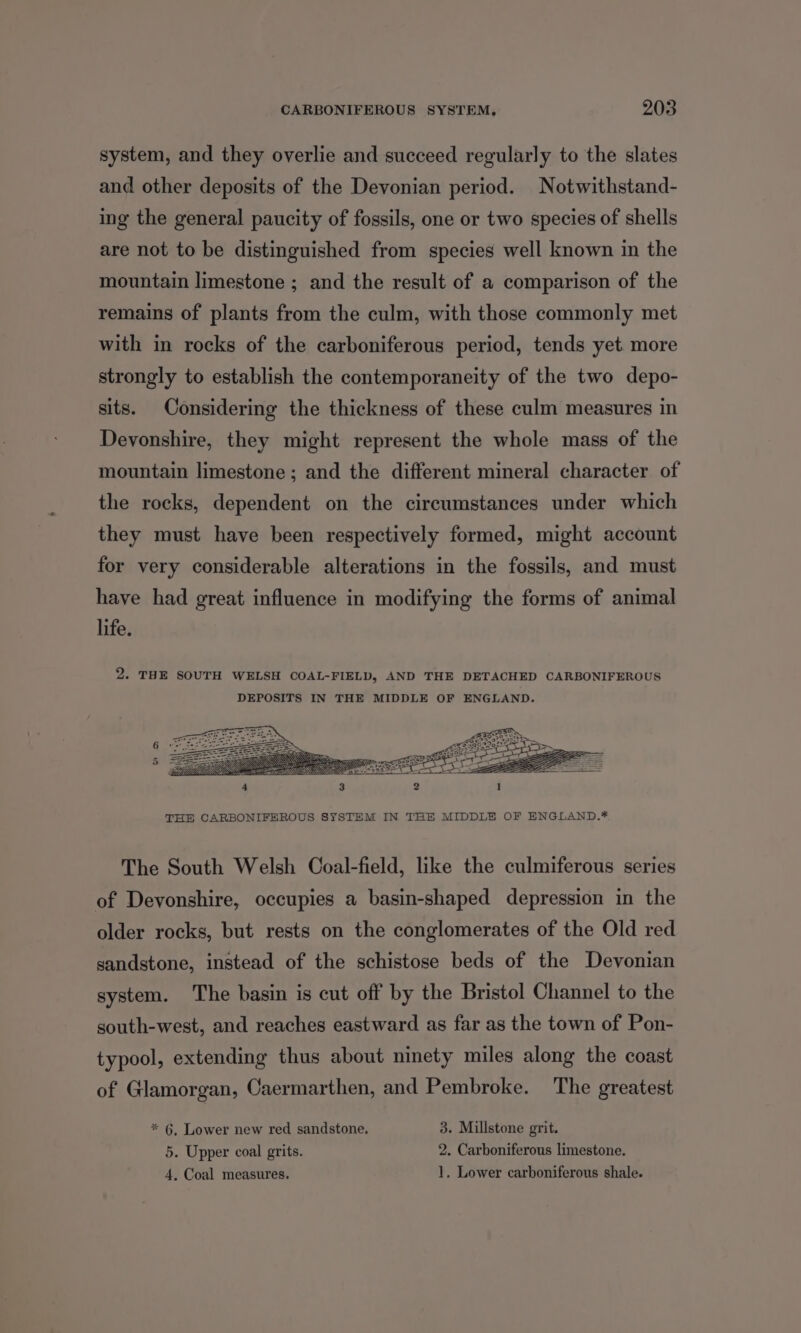 system, and they overlie and succeed regularly to the slates and other deposits of the Devonian period. Notwithstand- ing the general paucity of fossils, one or two species of shells are not to be distinguished from species well known in the mountain limestone ; and the result of a comparison of the remains of plants from the culm, with those commonly met with in rocks of the carboniferous period, tends yet more strongly to establish the contemporaneity of the two depo- sits. Considering the thickness of these culm measures in Devonshire, they might represent the whole mass of the mountain limestone; and the different mineral character of the rocks, dependent on the circumstances under which they must have been respectively formed, might account for very considerable alterations in the fossils, and must have had great influence in modifying the forms of animal life. THE CARBONIFEROUS SYSTEM IN THE MIDDLE OF ENGLAND.* The South Welsh Coal-field, like the culmiferous series of Devonshire, occupies a basin-shaped depression in the older rocks, but rests on the conglomerates of the Old red sandstone, instead of the schistose beds of the Devonian system. The basin is cut off by the Bristol Channel to the south-west, and reaches eastward as far as the town of Pon- typool, extending thus about ninety miles along the coast of Glamorgan, Caermarthen, and Pembroke. The greatest * 6, Lower new red sandstone, 3. Millstone grit. 5. Upper coal grits. 2. Carboniferous limestone. 4, Coal measures. 1, Lower carboniferous shale.