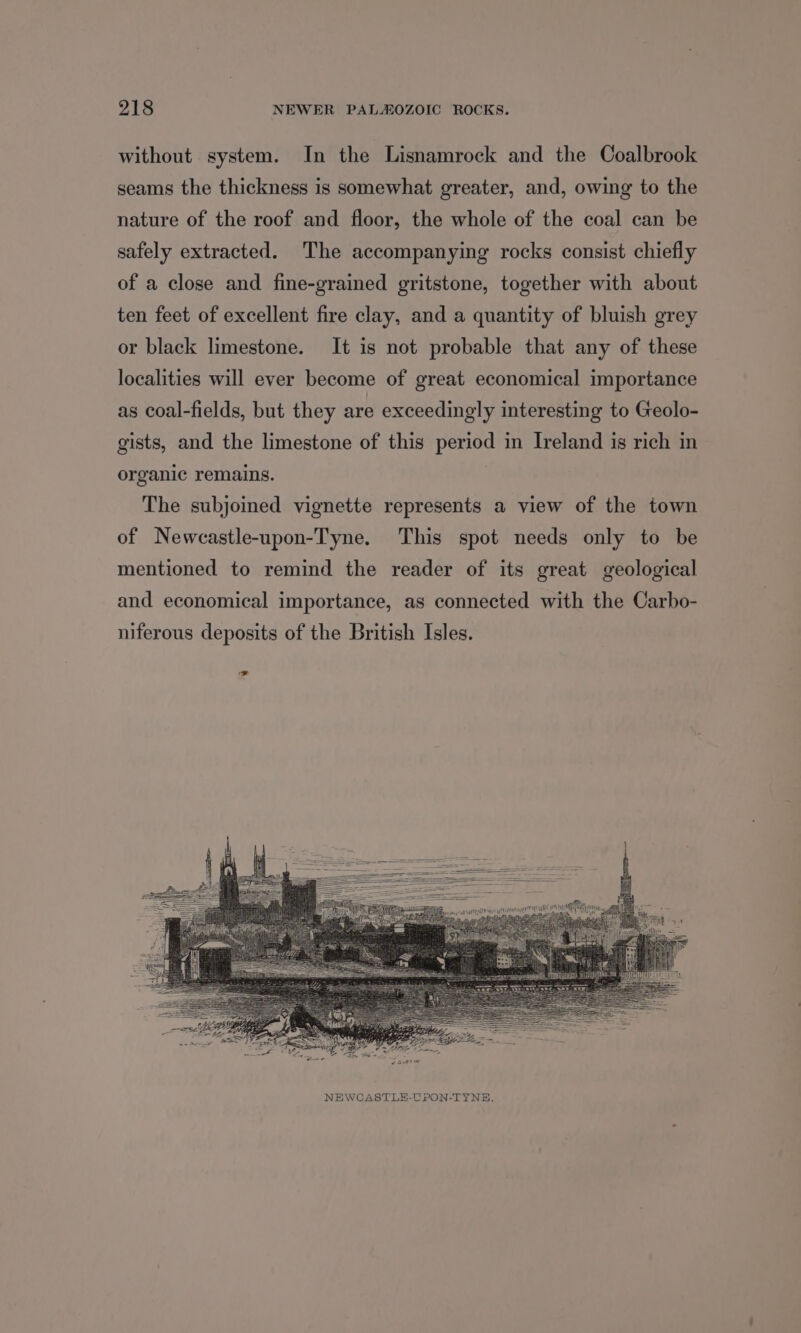 without system. In the Lisnamrock and the Coalbrook seams the thickness is somewhat greater, and, owing to the nature of the roof and floor, the whole of the coal can be safely extracted. The accompanying rocks consist chiefly of a close and fine-grained gritstone, together with about ten feet of excellent fire clay, and a quantity of bluish grey or black limestone. It is not probable that any of these localities will ever become of great economical importance as coal-fields, but they are exceedingly interesting to Geolo- gists, and the limestone of this period in Ireland is rich in organic remains. The subjoined vignette represents a view of the town of Newecastle-upon-Tyne. This spot needs only to be mentioned to remind the reader of its great geological and economical importance, as connected with the Carbo- niferous deposits of the British Isles. ra