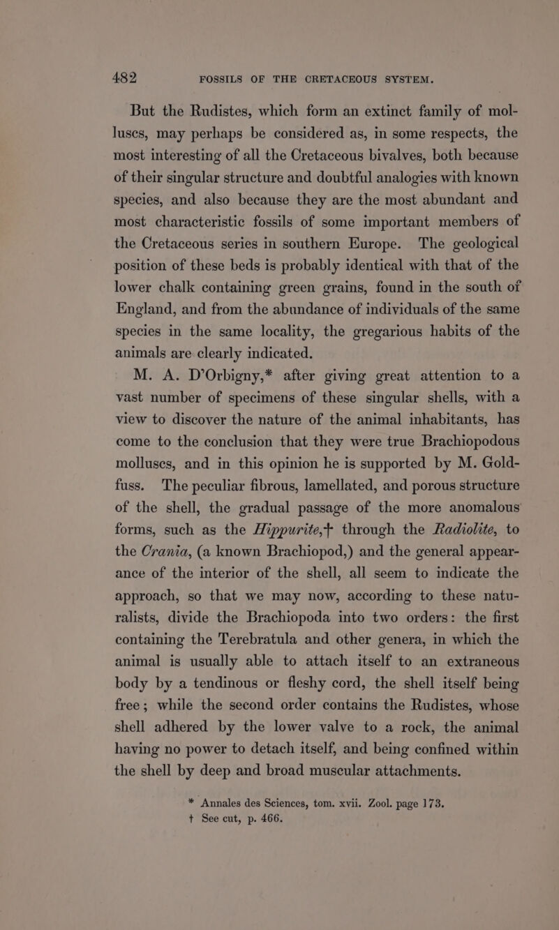 But the Rudistes, which form an extinct family of mol- luses, may perhaps be considered as, in some respects, the most interesting of all the Cretaceous bivalves, both because of their singular structure and doubtful analogies with known species, and also because they are the most abundant and most characteristic fossils of some important members of the Cretaceous series in southern Europe. The geological position of these beds is probably identical with that of the lower chalk containing green grains, found in the south of England, and from the abundance of individuals of the same species in the same locality, the gregarious habits of the animals are clearly indicated. M. A. D’Orbigny,* after giving great attention to a vast number of specimens of these singular shells, with a view to discover the nature of the animal inhabitants, has come to the conclusion that they were true Brachiopodous molluscs, and in this opinion he is supported by M. Gold- fuss. The peculiar fibrous, lamellated, and porous structure of the shell, the gradual passage of the more anomalous forms, such as the Hippurite,- through the Radiolite, to the Crania, (a known Brachiopod,) and the general appear- ance of the interior of the shell, all seem to indicate the approach, so that we may now, according to these natu- ralists, divide the Brachiopoda into two orders: the first containing the Terebratula and other genera, in which the animal is usually able to attach itself to an extraneous body by a tendinous or fleshy cord, the shell itself being free; while the second order contains the Rudistes, whose shell adhered by the lower valve to a rock, the animal having no power to detach itself, and being confined within the shell by deep and broad muscular attachments. * Annales des Sciences, tom. xvii. Zool. page 173. +t See cut, p. 466.
