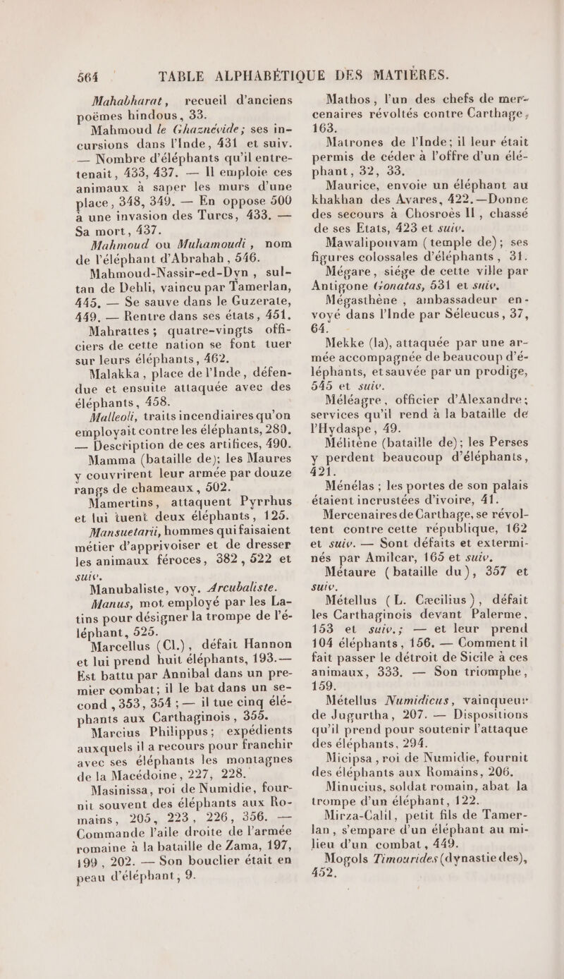 Mahabharat, recueil d’anciens poëmes hindous, 33. Mahmoud le Ghaznévide; ses in- cursions dans l'Inde, 431 et suiv. — Nombre d’éléphants qu’il entre- tenait, 433, 437. — Il emploie ces animaux à saper les murs d’une place, 348, 349. — En oppose 500 àa une invasion des Turcs, 433, — Sa mort, 437. Mahmoud où Muliamoudi, nom de l'éléphant d’Abrabab , 546. Mahmoud-Nassir-ed-Dyn, sul- tan de Debli, vaincu par Tamerlan, 445. — $e sauve dans le Guzerate, 449. — Rentre dans ses états, 451. Mahrattes; quatre-vingts offi- ciers de cette nation se font tuer sur leurs éléphants, 462. Malakka , place de l'Inde, défen- due et ensuite attaquée avec des éléphants, 458. Malleoli, traits incendiaires qu’on employait contre les éléphants, 289. — Description de ces artifices, 490. Mamma (bataille de); les Maures y couvrirent leur armée par douze rangs de chameaux, 502. Mamertins, attaquent Pyrrhus et lui tuent deux éléphants, 125. Mansuetarii, hommes quifaisaient métier d’apprivoiser et de dresser les animaux féroces, 382,922 et suie. Manubaliste, voy. A4rcubaliste. Manus, mot employé par les La- tins pour désigner la trompe de l’é- léphant, 525. Marcellus (CL.), défait Hannon et lui prend huit éléphants, 193.— Est battu par Annibal dans un pre- mier combat; il le bat dans un se- cond , 353, 354 ; — il tue cinq élé- phants aux Carthaginois , 355. Marcius Philippus; expédients auxquels il a recours pour franchir avec ses éléphants les montagnes de la Macédoine, 227, 228. Masinissa, roi de Numidie, four- vit souvent des éléphants aux Ro- mains, 205, 223, 226, 356. — Commande l'aile droite de l'armée romaine à la bataille de Zama, 197, 199, 202. — Son bouclier était en peau d’éléphant, 9. Mathos, l’un des chefs de mer- cenaires révoltés contre Carthage, 163. Matrones de l'Inde; il leur était permis de céder à l'offre d’un élé- phant, 32, 33. Maurice, envoie un éléphant au khakhan des Avares, 422.—Donne des secours à Chosroës Il, chassé de ses Etats, 423 et suiv. Mawalipouvam (temple de); ses figures colossales d’éléphants, 31. Mégare, siége de cette ville par Antigone (ronatas, 681 et suiv. Mégasthène , ambassadeur en- voyé dans l’Inde par Séleucus, 37, 64. Mekke (la), attaquée par une ar- mée accompagnée de beaucoup d’é- léphants, etsauvée par un prodige, 545 et suiv. Méléagre, officier d'Alexandre; services qu’il rend à la bataille de l'Hydaspe, 49. Mélitène (bataille de); les Perses y perdent beaucoup d’éléphants, 421. Ménélas ; les portes de son palais étaient incrustées d'ivoire, 41. Mercenaires de Carthage, se révol- tent contre cette république, 162 et suiv. — Sont défaits et extermi- nés par Amilcar, 165 et suiv. Métaure (bataille du), 357 et suis. Métellus (L. Cæcilius}), défait les Carthaginois devant Palerme, 153 et suiv.; — et leur prend 104 éléphants, 156. — Commentil fait passer le détroit de Sicile à ces animaux, 333. — Son triomphe, 159. Métellus Numidicus, Vainqueur de Jugurtha, 207. — Dispositions qu’il prend pour soutenir l'attaque des éléphants, 294. Micipsa , roi de Numidie, fournit des éléphants aux Romains, 206. Minucius, soldat romain, abat la trompe d’un éléphant, 122. Mirza-Calil, petit fils de Tamer- lan, s'empare d’un éléphant au mi- lieu d’un combat, 449. Mogols Timourides (dynastie des),
