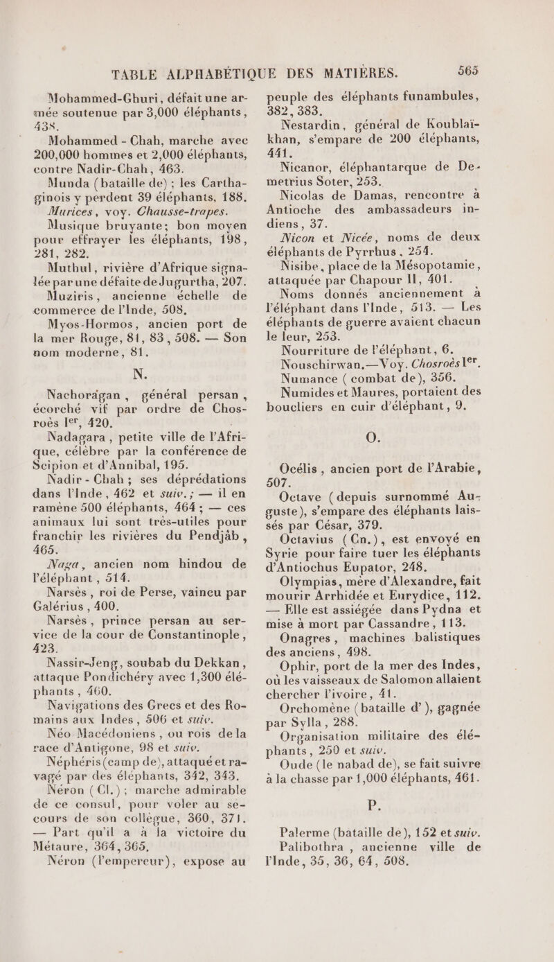 Mohammed-Ghuri, défait une ar- mée soutenue par 3,000 éléphants, 438$. Mohammed - Chah, marche avec 209,000 hommes et 2,000 éléphants, contre Nadir-Chah, 463. Munda (bataille de) ; les Cartha- ginois y perdent 39 éléphants, 188. Murices, voy. Chausse-trapes. Musique bruyante: bon moyen pour effrayer les éléphants, 198, 261, 292 Muthul, rivière d'Afrique signa- lée par une défaite de Jugurtha, 207. Muziris, ancienne échelle de commerce de l'Inde, 508, Myos-Hormos, ancien port de la mer Rouge, 81, 83, 508. — Son nom moderne, 61. N. Nachoraägan , général persan, écorché vif par ordre de Chos- roës Ier, 420. Nadagara , petite ville de l’Afri- que, célèbre par la conférence de Scipion et d’Annibal, 195. Nadir - Chah ; ses déprédations dans l'Inde , 462 et suiv.; — il en ramène 500 éléphants, 464 ; — ces animaux lui sont très-utiles pour franchir les rivières du Pendjäb, 465. Naga, ancien nom hindou de l'éléphant , 514. Narsès , roi de Perse, vaineu par Galérius , 400. Narsès, prince persan au ser- vice de la cour de Constantinople, 428. Nassir-Jeng, soubab du Dekkan, attaque Pondichéry avec 1,300 élé- phants, 460. Navigations des Grecs et des Ro- mains aux Indes, 506 et suiv. Néo Macédoniens , ou rois dela race d’Antigone, 98 et suive. Néphéris(camp de), attaqué et ra- vagé par des éléphants, 342, 343. Néron (CI.); marche admirable de ce consul, pour voler au se- cours de son collègue, 360, 371. — Part qu'il a à la victoire du Métaure, 364, 365, Néron (empereur), expose au 968 peuple des éléphants funambules, 382, 383. Nestardin, général de Koublaï- khan, s'empare de 200 éléphants, 441. Nicanor, éléphantarque de De- metrius Soter, 253. Nicolas de Damas, rencontre à Antioche des ambassadeurs in- diens, 37. Nicon et IVicée, noms de deux éléphants de Pyrrhus, 254. Nisibe, place de la Mésopotamie, attaquée par Chapour I, 401. Noms donnés anciennement à l'éléphant dans l'Inde, 513. — Les éléphants de guerre avaient chacun le leur, 253. Nourriture de Péléphant, 6. Nouschirwan,—Voy. Chosroës 1°. Numance ( combat de), 356. Numides et Maures, portaient des boucliers en cuir d’éléphant, 9. 0. Océlis , ancien port de l’Arabie, 507. Octave (depuis surnommé Au- guste), s'empare des éléphants lais- sés par César, 379. Octavius (Cn.), est envoyé en Syrie pour faire tuer les éléphants d’Antiochus Eupator, 248. Olympias, mère d'Alexandre, fait mourir Arrhidée et Eurydice, 112. — Elle est assiégée dans Pydna et mise à mort par Cassandre, 113. Onagres, machines balistiques des anciens, 498. Ophir, port de la mer des Indes, où les vaisseaux de Salomon allaient chercher livoire, 41. Orchomène (bataille d’), gagnée par Sylla, 288. Organisation militaire des élé- phants, 250 et suiv. Oude (le nabad de), se fait suivre à la chasse par 1,000 éléphants, 461. p. Palerme (bataille de), 152 et suiv. Palibothra , ancienne ville de lInde, 35, 36, 64, 508.