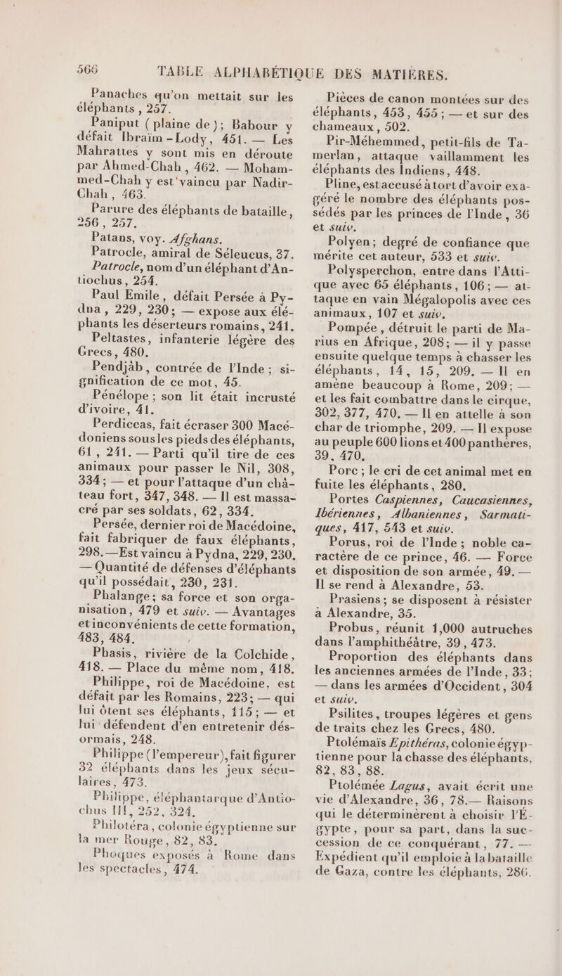 9066 Panaches qu'on mettait sur les éléphants, 257. Paniput (plaine de); Babour Y défait Ibraim -Lody, 451. — Les Mahrattes y sont mis en déroute par Ahmed-Chab , 462. — Moham- med-Chah y est'vaincu par Nadir- Chah, 465. Parure des éléphants de bataille L 290, 207. Patans, voy. 4fghans. Patrocle, amiral de Séleucus, 27. Patrocle, nom d’un éléphant d’An- tiochus, 254. Paul Emile, défait Persée à Py- dna , 229, 230; — expose aux élé- phants les déserteurs romains, 241. Peltastes, infanterie légère des Grecs, 480. Pendjàb, contrée de l'Inde; si- gnification de ce mot, 45. Pénélope ; son lit était incrusté d'ivoire, 41. Perdiccas, fait écraser 300 Macé- doniens sousles pieds des éléphants, 61, 241. — Parti qu'il tire de ces animaux pour passer le Nil, 308, 334; — et pour l’attaque d’un chà- teau fort, 347, 348. — II est massa- cré par ses soldats, 62, 334. Persée, dernier roi de Macédoine, fait fabriquer de faux éléphants, 298.—Est vaincu à Pydna, 229, 230, — Quantité de défenses d’éléphants qu'il possédait, 280, 231. Phalange; sa force et son orga- nisation, 479 et suip. — Avantages etinconvénients de cette formation, 483, 484. Phasis, rivière de la Colchide, 418. — Place du même nom, 418. Philippe, roi de Macédoine, est défait par les Romains, 223; — qui lui Ôôtent ses éléphants, 115; — et lui: défendent d'en entretenir dés- ormais, 248. Philippe (l’empereur), fait figurer 32 éléphants dans les jeux sécu- laires, 473. | Philippe, éléphantarque d’Antio- chus 111,525? ,924 Philotéra, colonie égyptienne sur la mer Rouge, 82, 83. Phoques exposés à Rome dans les spectacles, 474. Pièces de canon montées sur des éléphants, 458, 455 ; — et sur des chameaux, 602. Pir-Méhemmed, petit-fils de Ta- merlan, attaque vaillamment les éléphants des Indiens, 448. Pline, estaccusé àtort d’avoir exa- géré le nombre des éléphants pos- sédés par les princes de l'Inde , 36 et suiv. Polyen; degré de confiance que mérite cet auteur, 533 et suiv. Polysperchon, entre dans l’Atti- que avec 65 éléphants, 106; — at- taque en vain Mégalopolis avec ces animaux, 107 et sui. _ Pompée, détruit le parti de Ma- rius en Afrique, 208; — il y passe ensuite quelque temps à chasser les éléphants, 14, 15, 209. — Il en amène beaucoup à Rome, 209; — et les fait combattre dans le cirque, 302, 377, 470. — Il en attelle à son char de triomphe, 209. — Il expose au peuple 600 lions et400 panthères, 39, 470. Porc ; le cri de cet animal met en fuite les éléphants, 280. Portes Caspiennes, Caucasiennes, Ibériennes, Albaniennes, Sarmati- ques, 417, 543 et suiv. Porus, roi de l'Inde ; noble ca- ractère de ce prince, 46. — Force et disposition de son armée, 49. — Il se rend à Alexandre, 53. Prasiens ; se disposent à résister a Alexandre, 35. Probus, réunit 1,000 autruches dans l’amphithéâtre, 39, 473. Proportion des éléphants dans les anciennes armées de l’Inde, 33; — dans les armées d'Occident, 304 et suip. Psilites, troupes légères et gens de traits chez les Grecs, 480. Ptolémaïs Epithéras, colonie égyp- tienne pour la chasse des éléphants, 82,83, 88. Ptolémée Lagus, avait écrit une vie d'Alexandre, 36, 78.— Raisons qui le déterminérent à choisir l’EÉ- gypte, pour sa part, dans la suc- cession de ce conquérant, 77. — Expédient qu’il emploie à la bataille de Gaza, contre les éléphants, 286.