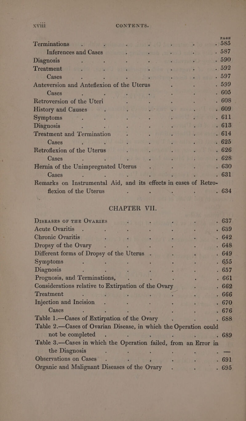 Terminations . Inferences and Cases Diagnosis Treatment Cases Anteversion and Aas of the Teen Cases 3 Retroversion of the Uteri History and Causes Symptoms Diagnosis Treatment and Toa Cases Retroflexion of the Uteris Cases Hernia of the Uniniprewhated Ue Cases flexion of the Uterus DIsEASES OF THE OvaRIEs Acute Ovaritis Chronic Ovaritis Dropsy of the Ovary : Different forms of Dropsy of the Lites Symptoms Diagnosis Prognosis, and Teeminatien Treatment Injection and Incision Cases not be completed the Diagnosis Observations on Cases ’