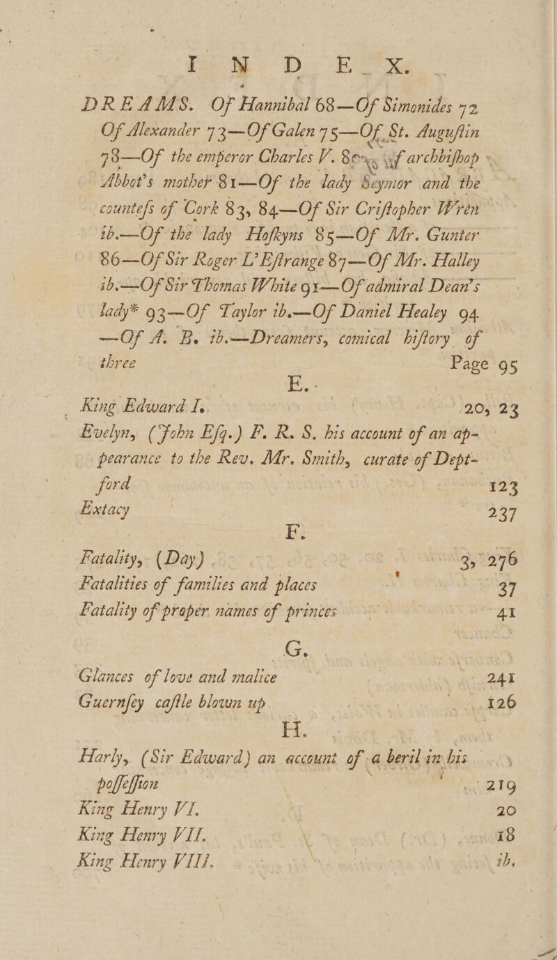 io yD. Ee DREAMS. Of Hail 68—Of Simonides ne Of Alexander 7 3-OF Galen 7 5—OF,8 St. Auguflin 78—Of the emperor Charles V.8 ey yf arehbifhop ~ Abbot's mother: 81—Of the lady Seymor and the countefs of Cork 83, 84—Of Sir Criflopher Wren ib.—Of the lady Flofkyns 85—Of Mr. Gunter 86—Of Sir Roger L’Eftrange 87—Of Mr. Halley ib. —Of Sir Thomas White 9:—Of admiral Dean’s lady* 93-—Of Taylor 1b.—Of Daniel Healey 94. —Of A. B ib,.—Dreamers, comical hiftory of three ei 95 _ King Edward i | TOP 2S - Evelyn, (Foha Efg.) F. R. 8S. bis account of an ap- pearance to the Rev. Mr. ep ieos curate of Dept- ford 123° Extac y 237 | | E. Fatality, (Day) | 3,276 Fatalities of families and places 3 37 Fatality of praper. names of princes > eat ees ane Glances of love and malice | 241 Guernfey caftle blown up unk 26 H. Harly, (Sir Edward) an account of a heresy im is ; poffeffion ) Reet King Henry VI. 20 King Henry VI. | vane®8 King Henry VIIi, 7 | , 7b,