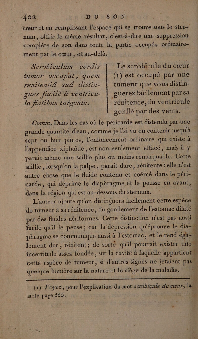 ‘cœur et en remplissant l'espace qui se trouve sous ie ster= num , offrir le même résultat, c’est-à-dire une suppression complète de son dans toute la partie occupée ordinaire ment par le cœur, et au-delà. Scrobiculum cordis Le scrobicule du cœur tumor occupat, quem | (1) est occupé par nne renitenti® sud distin- tumeur que vous distin- gues facilè à ventricu- | guerez facilement parsa lo flatibus turgente. rénitence, du ventricule gonflé par des vents. Comm. Dans les cas où le péricarde est distendu par une grande quantité d’eau, comme je l'ai vu en contenir jusqu'à sept ou huit pintes, To MS ordinaire qui existe à l'appendice xiphoïde , est non-seulement effacé, mais il y parait même une saillie plus ou moins remarquable. Cette saillie , lorsqu'on la palpe, paraït dure, rénitente : elle n’est autre chose que le fluide contenu et coërcé dans le péri- carde, qui déprime le diaphragme et le pousse en avant, dans la région qui est au-dessous du sternum. | L'auteur ajoute qu'on distinguera facilement cette espèce de tumeur à sa rénitence, du Re de l'estomac dilaté : par des fluides aériformes. Cette distinction n’est pas aussi M facile qu'il le pense; car la D qu'éprouve le dia- n phragme se communique aussi à l'estomac, et le rend éga- e. lement dur , rénitent; de sorte qu'il pourrait exister urie incertitude assez fondée , sur la cavité à laquelle appartient cette espèce de tumeur, si d’autres signes ne jetaient pas quelque lumière sur la nature et le siège de la maladie. ; | 8 (1) Voyez, pour l'explication du mot scrobicule du cœur, la note page 569. | 240