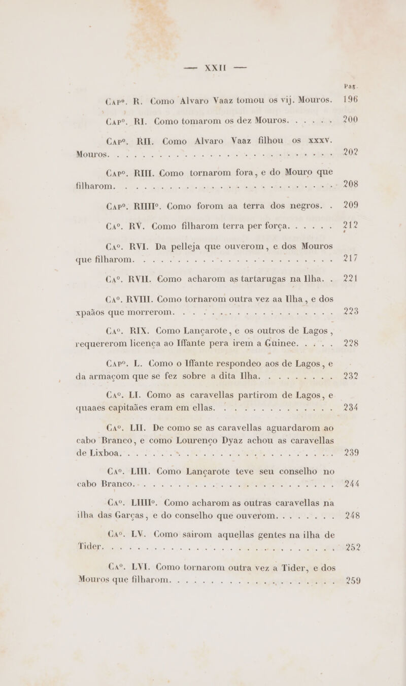 eo RA rm Care. R. Como Alvaro Vaaz tomou os vij. Mouros. Capº. RJ. Como tomarom os dez Mouros. . .... Capo, RiIk. Como Alvaro Vaaz filhou os xxxv. MtInOS: ss so aatirs des Casta Co MAÇÃ a a E de ei ico Caro. RII. Como tornarom fora, e do Mouro que Elbaronm 2. ca epic oro oo a bd q q Ra 6 = A E o Capº. RI. Como forom aa terra dos negros. Caº. RY. Como filharom terra per força. . . . .. Cao. RVI. Da pelleja que ouverom, e dos Mouros quieta non cu Medos o e is ce Ao e pIGO RS RNA Na a Caº. RVII. Como acharom as tartarugas na Ilha. . Caº. RVIII. Como tornarom outra vez aa Ilha, e dos Xpados Quic morrerom jar o ge do ojos a rea gado ER eo Caº. RIX. Como Lançarote, e os outros de Lagos , requererom licença ao Iffante pera irem a Guinee. . ... Capº, L. Como o lfante respondeo aos de Lagos, e da ármaçom que se fez sobre aldita Ilha. . 1.4. Cao. LI. Como as caravellas partirom de Lagos, e quagesacapitades eramenrellas. .2. 5. . TD. que ms €sº. LII. De como se as caravellas aguardarom ao cabo Branco, e como Lourenço Dyaz achou as caravellas me bisboa. Eee. CO E SA Caº. LIT. Como Lançarote teve seu conselho no GADO Brancos sta o raMS ro re RD, SO, Cao. LHIIo. Como acharom as outras caravellas na ilha das Garças, e do conselho que ouverom. .... Caso. LV. Como sairom aquellas gentes na ilha de REC ne good e ese rea irc vo PE E Caº. LVI. Como tornarom outra vez a Tider, e dos Mouros que filharom O O DO nd O A O SD pt VÃO OD GBA SO Po! quo” Fo re TO Pas. 196 223 228 232 234 239 244 248 298