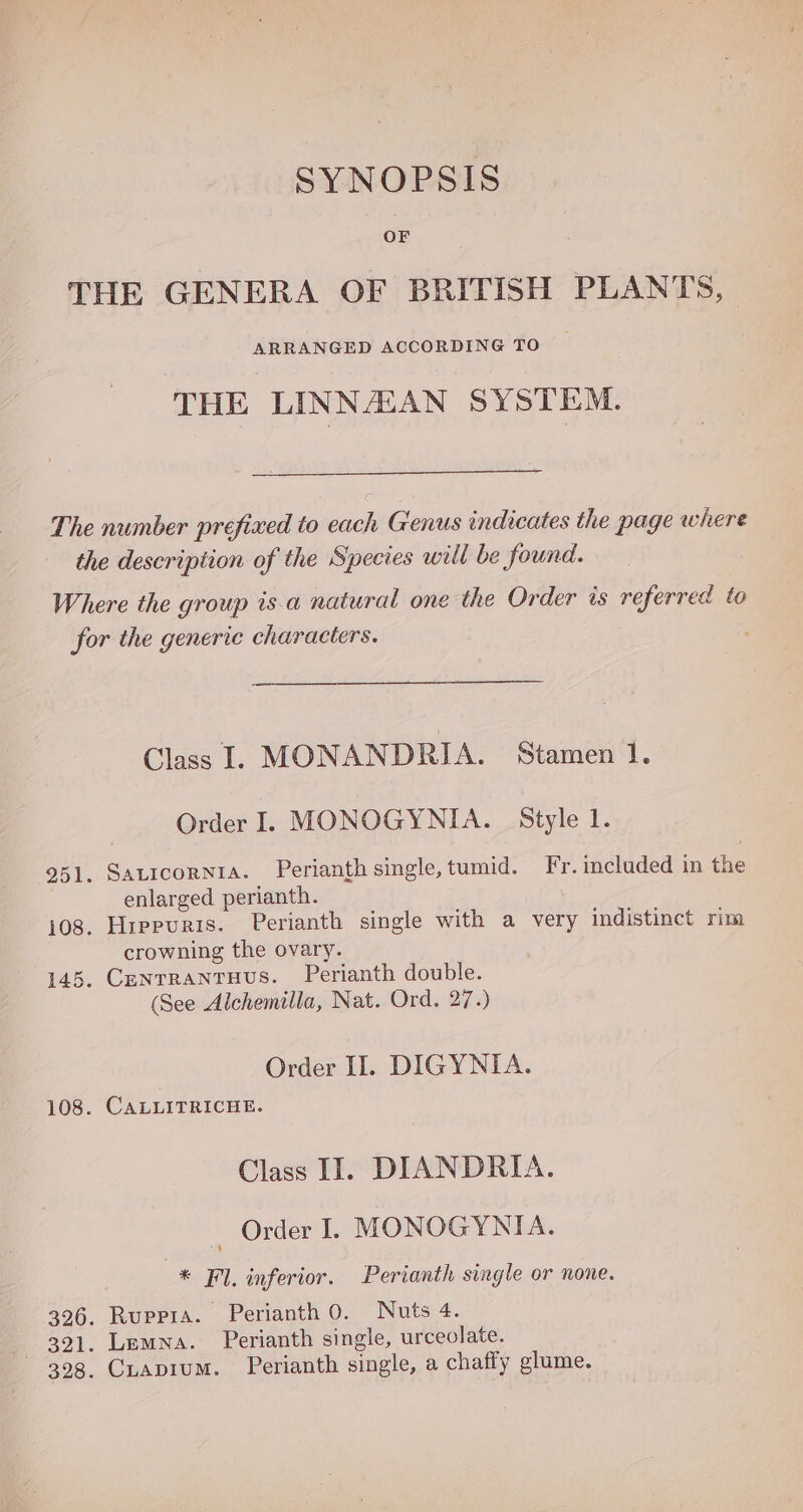 SYNOPSIS OF ARRANGED ACCORDING TO THE LINNALAN SYSTEM. Class 1. MONANDRIA. Stamen 1. Order I. MONOGYNIA. Style 1. enlarged perianth. crowning the ovary. (See Alchemilla, Nat. Ord. 27.) Order II. DIGYNIA. CALLITRICHE. Class II. DIANDRIA. Order I. MONOGYNIA. * Fl. inferior. Perianth single or none. Ruppra. Perianth 0. Nuts 4. Lemna. Perianth single, urceolate. Cuapium. Perianth single, a chaffy glume.