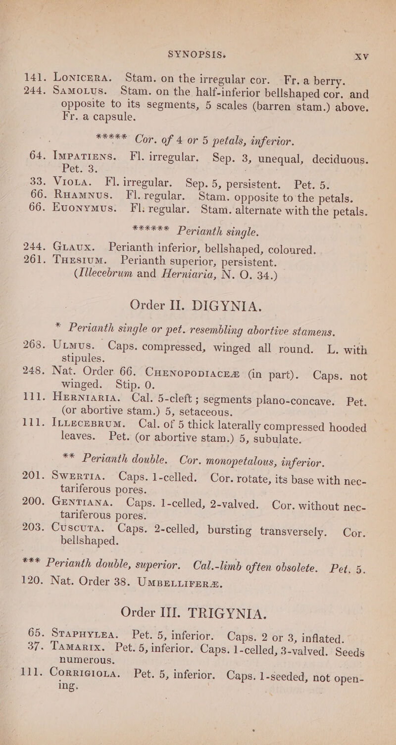 Lonicera. Stam. on the irregular cor. Fr. a berry. Samotus. Stam. on the half-inferior bellshaped cor. and opposite to its segments, 5 scales (barren stam.) above. Fr. a capsule. *EEE*® Cor. of 4 or 5 petals, inferior. Impatiens. Fl. irregular, Sep. 3, unequal, deciduous. Fet.-3. Viora. Fl. irregular. Sep. 5, persistent. Pet. 5. Ruamnus. Fl. regular. Stam. opposite to'the petals. EKvonymus. Fl: regular. Stam. alternate with the petals. *#EEEE Perianth single. Guaux. Perianth inferior, bellshaped, coloured. Tuustum. Perianth superior, persistent. (Lilecebrum and Herniaria, N. O. 34.) Order II. DIGYNIA. * Perianth single or pet. resembling abortive stamens. stipules. winged. Stip. 0. (or abortive stam.) 5, setaceous. leaves. Pet. (or abortive stam.) 5, subulate. ** Perianth double. Cor. monopetalous, inferior. tariferous pores. tariferous pores. bellshaped. Perianth double, superior. Cal.-limb often obsolete. Pet. 5. Order III. TRIGYNIA. STAPHYLEA. Pet. 5, inferior. Caps. 2 or 3, inflated. Tamarix. Pet. 5, inferior. Caps. 1-celled, 3-valved. Seeds numerous. ing.