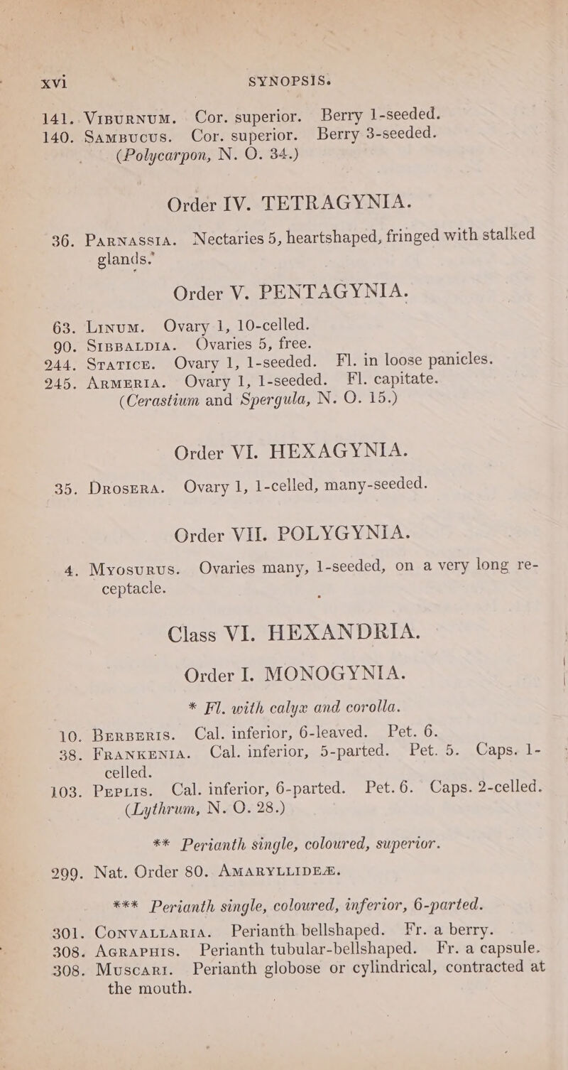 Visurnum. Cor. superior. Berry 1-seeded. Sampucus. Cor. superior. Berry 3-seeded. (Polycarpon, N. O. 34.) Order IV. TETRAGYNIA. Parnassta. Nectaries 5, heartshaped, fringed with stalked glands.’ Order V. PENTAGYNIA. Linum. Ovary 1, 10-celled. SrpBALDIA. Ovaries 5, free. Sratice. Ovary 1, 1-seeded. Fl. in loose panicles. ArmeEria. Ovary 1, 1-seeded. FI. capitate. (Cerastium and Spergula, N. O. 15.) Order VI. HEXAGYNIA. Drosera. Ovary 1, 1-celled, many-seeded. Order VII. POLYGYNIA. ceptacle. Class VI. HEXANDRIA. Order I. MONOGYNIA. * FI. with calyx and corolla. Berperis. Cal. inferior, 6-leaved. Pet. 6. FRANKENIA. Cal. inferior, 5-parted. Pet. 5. Caps. 1- celled. Pepuis. Cal. inferior, 6-parted. Pet. 6. Caps. 2-celled. (Lythrum, N. QOv28 ** Perianth single, coloured, superior. *** Perianth single, coloured, inferior, 6-parted. the mouth.