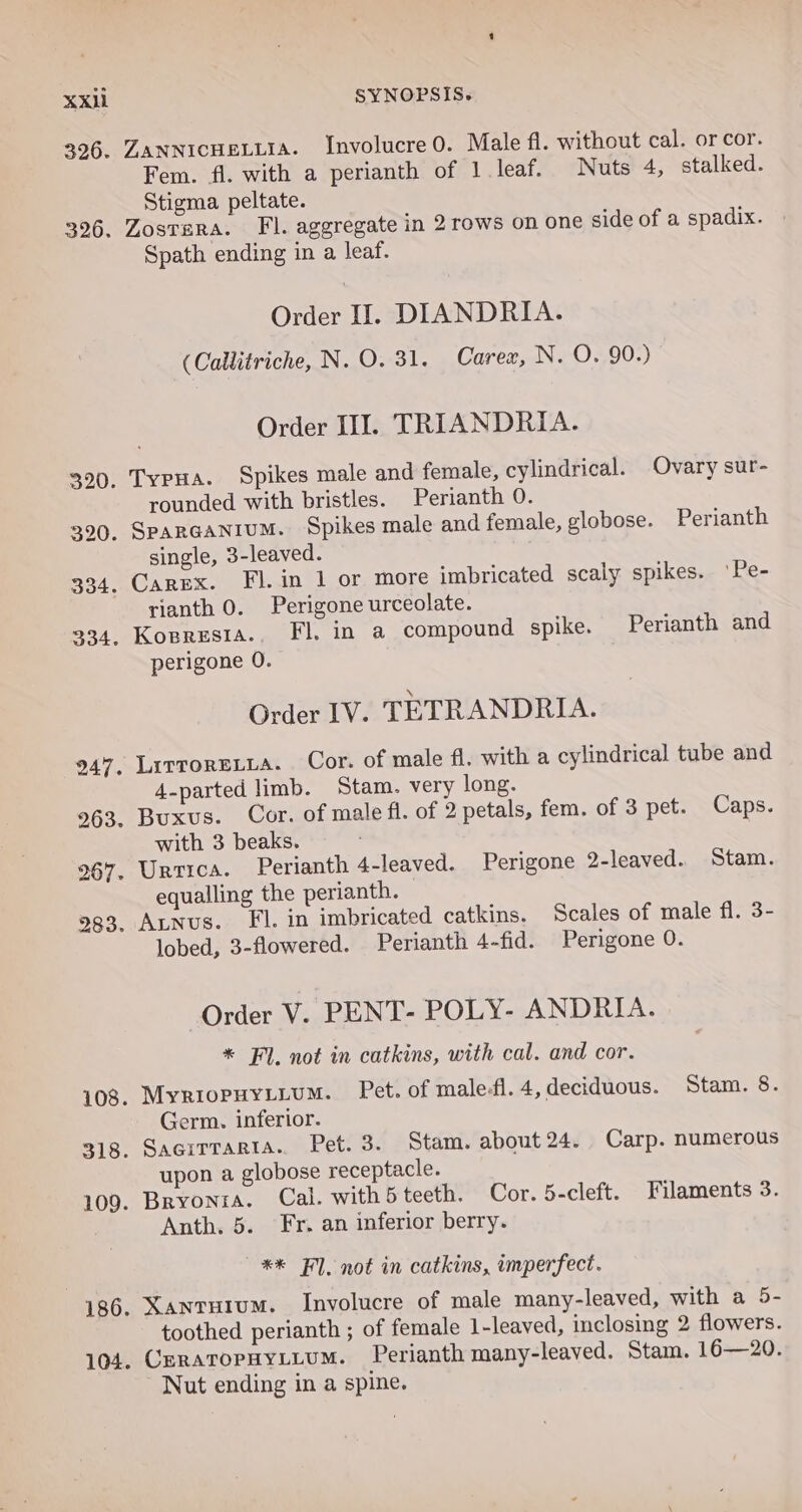 XXL 326. 326. 108. 318. 109. 186. 104. SYNOPSIS. TANNICHELLIA. Involucre 0. Male fl. without cal. or cor. Fem. fl. with a perianth of 1 leaf. Nuts 4, stalked. Stigma peltate. Zostsra. Fi. aggregate in 2 rows on one side of a spadix. Spath ending in a leaf. Order II. DIANDRIA. (Callitriche, N. O. 31. Carex, N. O. 90.) Order III. TRIANDRIA. rounded with bristles. Perianth 0. single, 3-leaved. rianth 0. Perigone urceolate. perigone 0. Order IV. TETRANDRIA. 4-parted limb. Stam. very long. with 3 beaks. equalling the perianth. lobed, 3-flowered. Perianth 4-fid. Perigone 0. Order V. PENT- POLY- ANDRIA. * Fl. not in catkins, with cal. and cor. MyriopuHyitium. Pet. of malefl. 4,deciduous. Stam. 8. Germ. inferior. Sagitrarta. Pet. 3. Stam. about 24. Carp. numerous upon a globose receptacle. Bryonra. Cal. with5teeth. Cor. 5-cleft. Filaments 3. Anth, 5. Fr. an inferior berry. ** Fl. not in catkins, imperfect. Xanruium. Involucre of male many-leaved, with a 5- toothed perianth ; of female 1-leaved, inclosing 2 flowers. CeRATOPHYLLUM. Perianth many-leaved. Stam. 16—20. Nut ending in a spine.