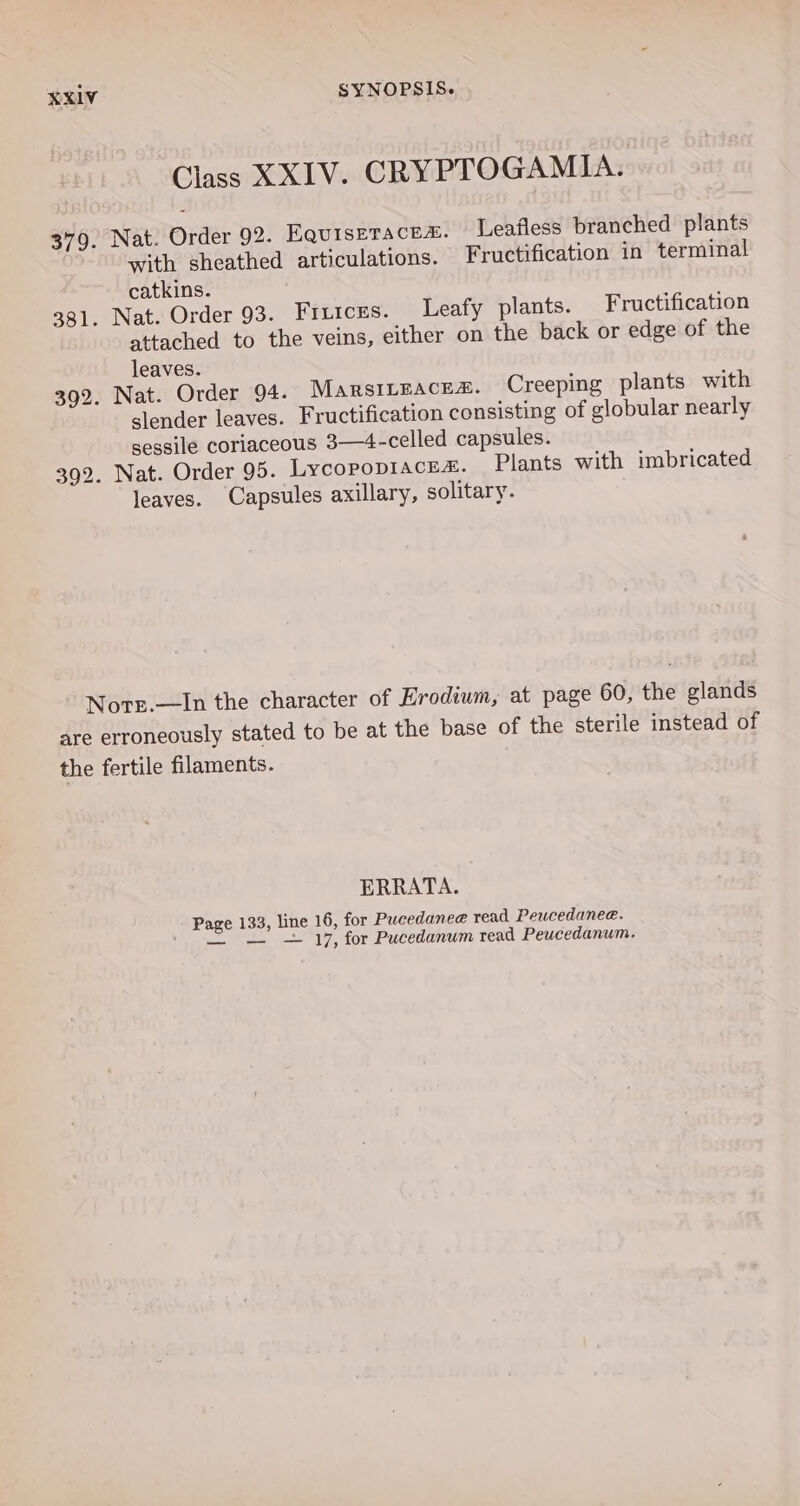 Class XXIV. CRYPTOGAMIA. 379. Nat. Order 92. EQuisETACE. Leafless branched plants with sheathed articulations. Fructification in terminal catkins. 381. Nat. Order 93. Fixicus. Leafy plants. Fructification attached to the veins, either on the back or edge of the leaves. 392. Nat. Order 94. MarsILEACEs. Creeping plants with slender leaves. Fructification consisting of globular nearly sessile coriaceous 3—4-celled capsules. 392. Nat. Order 95. Lycopop1AcE&amp;. Plants with imbricated leaves. Capsules axillary, solitary. Note.—In the character of Hrodiwm, at page 60, the glands are erroneously stated to be at the base of the sterile instead of the fertile filaments. ERRATA. Page 133, line 16, for Pucedanee read Peucedanee. — 17, for Pucedanum read Peucedanum.