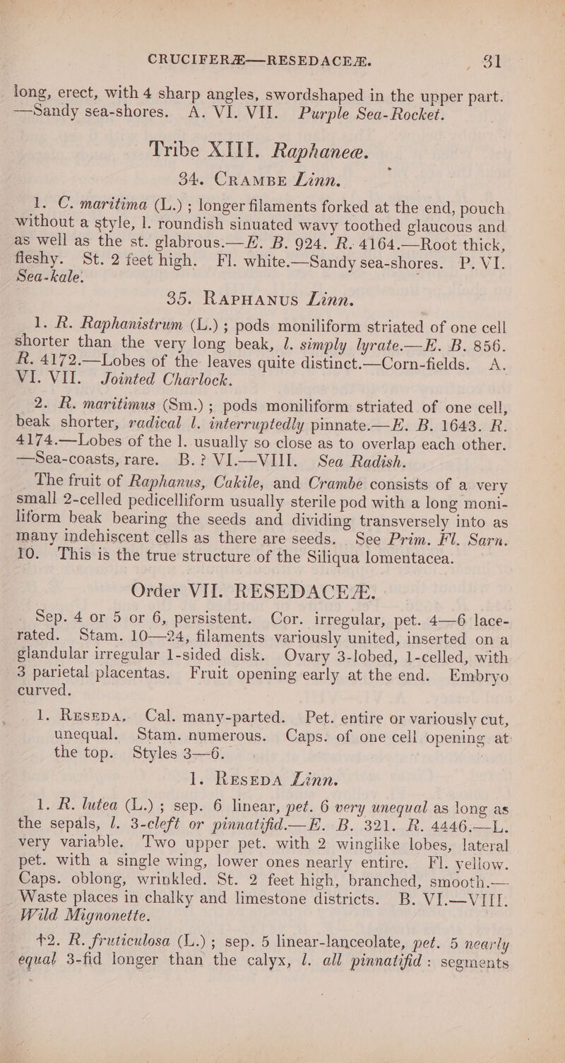 CRUCIFEREZ—RESEDACER. , so long, erect, with 4 sharp angles, swordshaped in the upper part. Sandy sea-shores. A. VI. VII. Purple Sea- Rocket. Tribe XIII. Raphanee. 34. CRAMBE Linn. 1. C. maritima (L.) ; longer filaments forked at the end, pouch without a style, 1. roundish sinuated wavy toothed glaucous and as well as the st. glabrous.—H. B. 924. R. 4164.—Root thick, fleshy. St. 2 feet high. Fl. white-—Sandy sea-shores. P. VI. Sea-kale. 35. RarpHanus Linn. 1. R. Raphanistrum (L.) ; pods moniliform striated of one cell shorter than the very long beak, J. simply lyrate.-—E. B. 856. R. 4172.—Lobes of the leaves quite distinct.—Corn-fields. A. VI. VII. Jointed Charlock. 2. R. maritimus (Sm.) ; pods moniliform striated of one cell, _ beak shorter, radical 1. interruptedly pinnate.—E. B. 1643. R. 4174.—Lobes of the 1. usually so close as to overlap each other. —Sea-coasts, rare. B.? VI.—VIII. Sea Radish. The fruit of Raphanus, Cakile, and Crambe consists of a very small 2-celled pedicelliform usually sterile pod with a long moni- liform beak bearing the seeds and dividing transversely into as many indehiscent cells as there are seeds. See Prim. Fl. Sarn. 10. This is the true structure of the Siliqua lomentacea. Order VII. RESEDACE. Sep. 4 or 5 or 6, persistent. Cor. irregular, pet. 4—6 lace- rated. Stam. 10—24, filaments variously united, inserted on a glandular irregular 1-sided disk. Ovary 3-lobed, 1-celled, with 3 parietal placentas. Fruit opening early at the end. Embryo curved. 1. Resspa, Cal. many-parted. Pet. entire or variously cut, unequal. Stam. numerous. Caps. of one cell opening at the top. Styles 3—6. 1. Resevpa Linn. 1. R. lutea (L.) ; sep. 6 linear, pet. 6 very unequal as long as the sepals, J. 3-cleft or pinnatifid—E. B. 321. R. 4446.—L. very variable. Two upper pet. with 2 winglike lobes, lateral pet. with a single wing, lower ones nearly entire. Fl. yellow. Caps. oblong, wrinkled. St. 2 feet high, branched, smooth.— Waste places in chalky and limestone districts. B. VI.—VIII. Wild Mignonette. 42. R. fruticulosa (L.) ; sep. 5 linear-lanceolate, pet. 5 nearly equal 3-fid longer than the calyx, l. all pinnatifid: segments