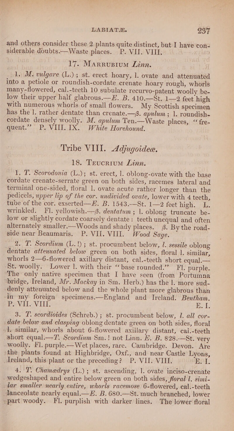 and others consider these 2 plants quite distinct, but I have con: siderable doubts.—Waste places. P. VII. VIII. 17. Marrusium Linn. 1. M. vulgare (L.); st. erect hoary, |. ovate and attenuated into a petiole or roundish-cordate crenate hoary rough, whorls many-flowered, cal.-teeth 10 subulate recurvo-patent woolly be- low their upper half glabrous.—#. B. 410.—St.. 1—2 feet high with numerous whorls of small flowers. My Scottish specimen has the |. rather dentate than crenate.—@. apulum ; 1. roundish- cordate densely woolly. M. apulum Ten.—Waste places, “ fre- quent.” P. VIII. IX. White Horehound. Tribe VIII. Adjugoidee. 18. Teucrium Linn. 1. T. Scorodonia (L.); st. erect, 1. oblong-ovate with the base _ cordate crenate-serrate green on both sides, racemes lateral and terminal one-sided, floral 1. ovate acute rather longer than the pedicels, upper lip of the cor. undivided ovate, lower with 4 teeth, tube of the cor. exserted—H. B. 1543.-—St. 1—2 feet high. L. wrinkled. Fl. yellowish.—@. dentatwm ; 1. oblong truncate be- low or slightly cordate coarsely dentate: teeth unequal and often alternately smaller.—Woods and shady places. 8. By the road- side near Beaumaris. P. VII. VIII. Wood Sage. 2. T. Scordium (L.!); st. procumbent below, J. sessile oblong dentate attenuated below green on both sides, floral 1. similar, whorls 2—6-flowered axillary distant, cal.-teeth short equal.— St. woolly. Lower |. with their “base rounded.” FI. purple. The only native specimen that I have seen (from Portumna bridge, Ireland, Mr. Mackay in Sm. Herb.) has the 1. more sud- denly attenuated below and the whole plant more glabrous than ‘in my foreign specimens.—England and Ireland. Bentham. PoVal. VILL. E. I. 3. T. scordioides (Schreb.) ; st. procumbent below, J. all cor- date below and clasping oblong dentate green on both sides, floral |. similar, whorls about 6-flowered axillary distant, cai.-teeth short equal.—T. Scordium Sm.! not Linn. E. B. 828.—St. very woolly. Fl. purple-—Wet places, rare. Cambridge. Devon. Are the plants found at Highbridge, Oxf., and near Castle Lyons, Treland, this plant or the preceding? P. VII. VIII. Bd. 4. T. Chamedrys (L.) ; st. ascending, 1. ovate inciso-crenate wedgeshaped and entire below green on both sides, floral 1. simi- lar smaller nearly entire, whorls racemose 6-flowered, cal.-teeth _Janceolate nearly equal. E. B. 680.—St. much branched, lower ‘part woody. Fl. purplish with darker lines. The lower floral