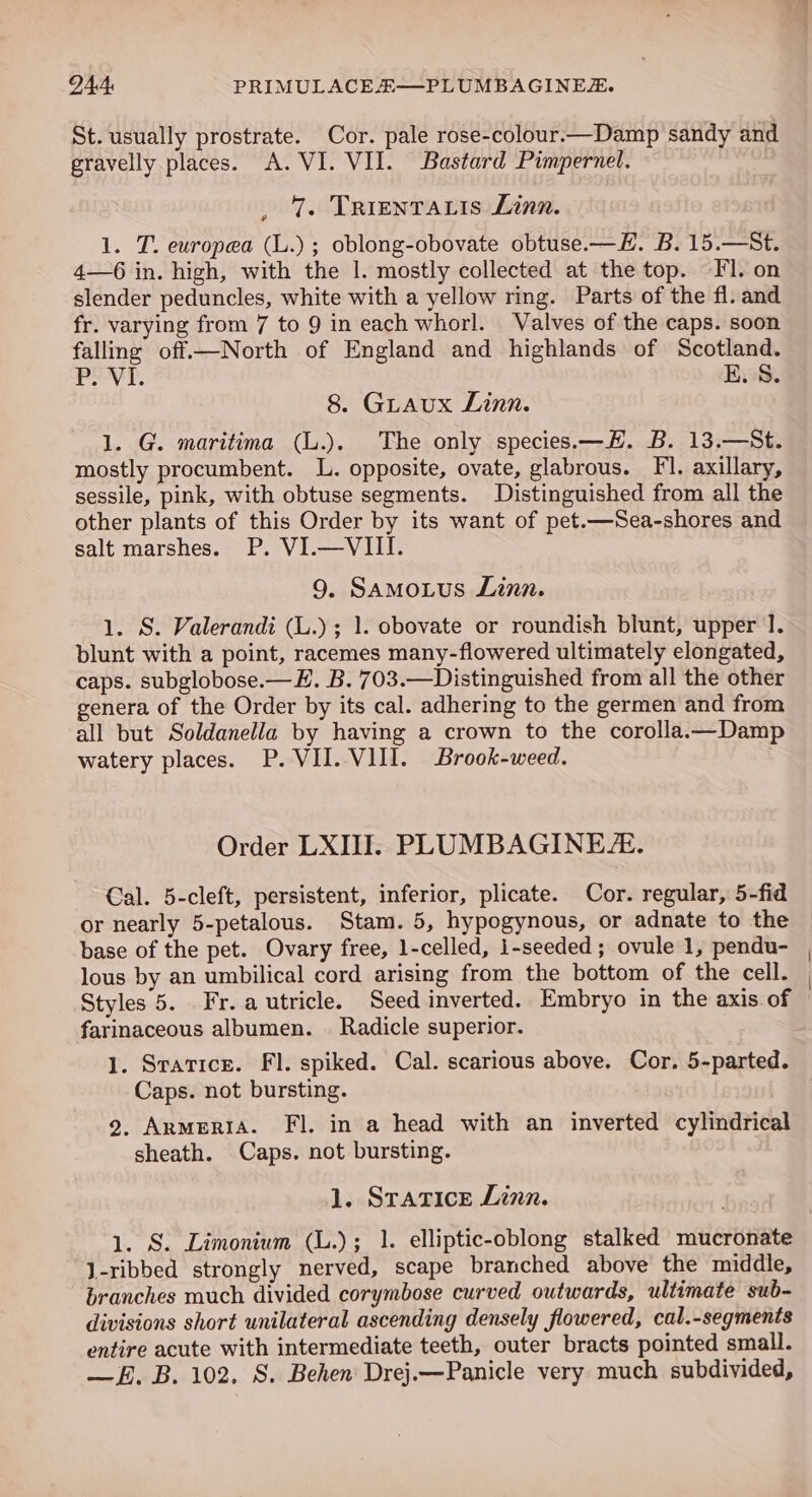 DAA PRIMULACE—PLUMBAGINE. St. usually prostrate. Cor. pale rose-colour.—Damp sandy and gravelly places. A. VI. VII. Bastard Pimpernel. . 7. Trientaris Linn. 1. T. europea (L.) ; oblong-obovate obtuse.—H. B. 15.—St. 4—6 in. high, with the 1. mostly collected at the top. Fl. on slender peduncles, white with a yellow ring. Parts of the fl. and fr. varying from 7 to 9 in each whorl. Valves of the caps. soon falling off.—North of England and highlands of Scotland. ary ye E. 8. 8. GLAuUx Linn. 1. G. maritima (L.). The only species.—H. B. 13.—St. mostly procumbent. L. opposite, ovate, glabrous. Fl. axillary, sessile, pink, with obtuse segments. Distinguished from all the other plants of this Order by its want of pet.—Sea-shores and salt marshes. P. VI.—VIII. 9. Samotus Linn. 1. S. Valerandi (L.); 1. obovate or roundish blunt, upper 1. blunt with a point, racemes many-flowered ultimately elongated, caps. subglobose.— E. B. 703.—Distinguished from all the other genera of the Order by its cal. adhering to the germen and from all but Soldanella by having a crown to the corolla.x—Damp watery places. P. VII. VIII. Brook-weed. Order LXIII. PLUMBAGINE. Cal. 5-cleft, persistent, inferior, plicate. Cor. regular, 5-fid or nearly 5-petalous. Stam. 5, hypogynous, or adnate to the base of the pet. Ovary free, 1-celled, 1-seeded ; ovule 1, pendu- lous by an umbilical cord arising from the bottom of the cell. Styles 5. Fr. a utricle. Seed inverted. Embryo in the axis of farinaceous albumen. — Radicle superior. 1. Srarice. Fl. spiked. Cal. scarious above. Cor. 5-parted. Caps. not bursting. 2. Armenia. Fl. in a head with an inverted cylindrical sheath. Caps. not bursting. 1. STaTIcE Linn. 1. S. Limonium (L.); 1. elliptic-oblong stalked mucronate J-ribbed strongly nerved, scape branched above the middle, branches much divided corymbose curved outwards, ultimate sub- divisions short unilateral ascending densely flowered, cal.-segments entire acute with intermediate teeth, outer bracts pointed small. —E. B. 102. S. Behen: Drej.—Panicle very much subdivided, | |