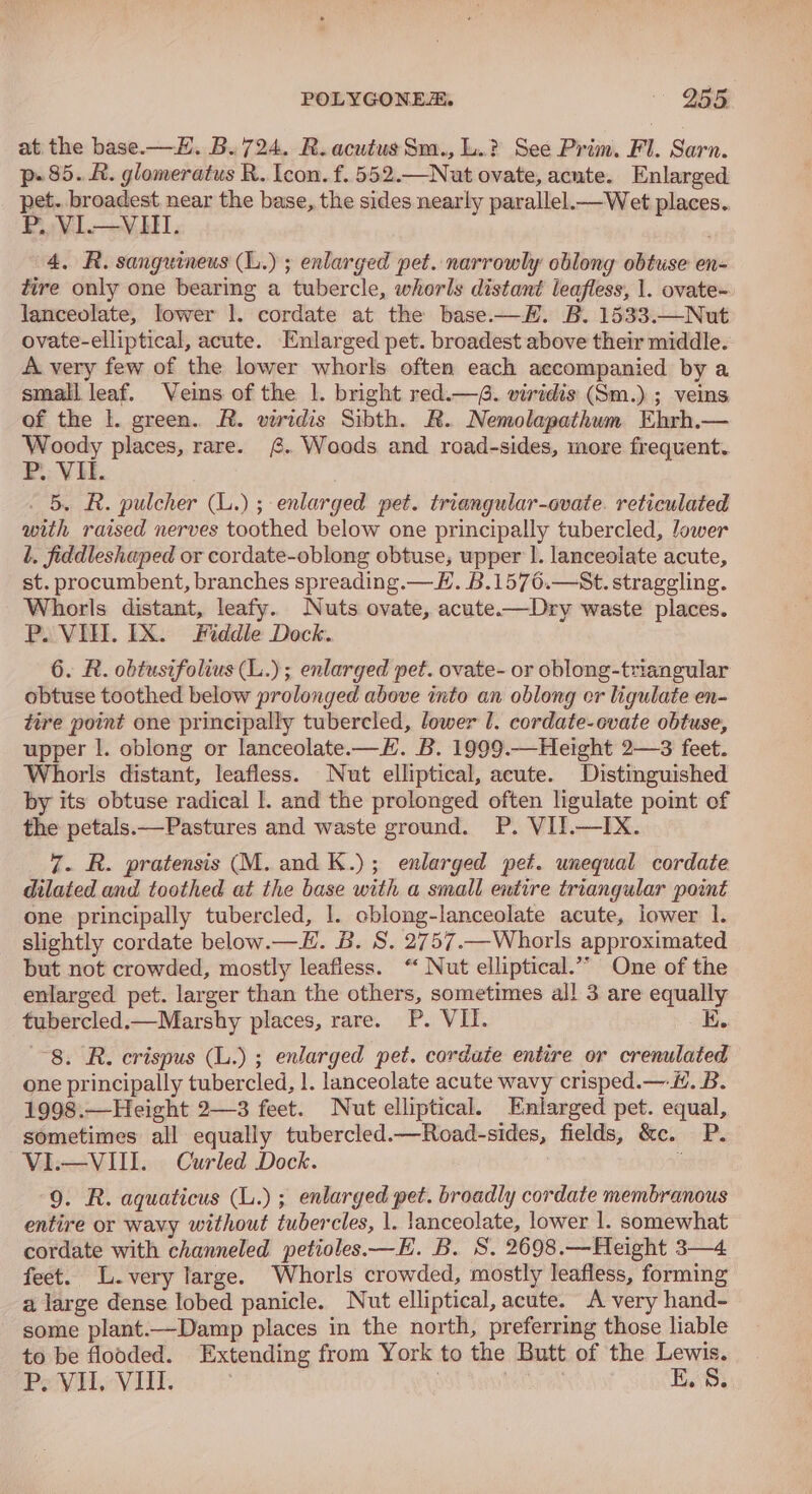 POLYGONER. - DG at the base.—H. B.724. R.acutus Sm., L.? See Prim. Fl. Sarn. p- 85. A. glomeratus R. Icon. f. 552.—Nat ovate, acute. Enlarged pet. broadest near the base, the sides nearly parallel.—Wet places.. PB. VI.—VHI. 4. R. sanguineus (L.) ; enlarged pet. narrowly oblong obtuse en- tire only one bearing a tubercle, whorls distant leafless, 1. ovate~ lanceolate, lower l. cordate at the base.—#H#H. B. 1533.—Nut ovate-elliptical, acute. Enlarged pet. broadest above their middle. A very few of the lower whorls often each accompanied by a small leaf. Veins of the |. bright red.—(. viridis (Sm.) ; vems of the |. green. R. viridis Sibth. R. Nemolapathum Ebrh.— Woody places, rare. £. Woods and road-sides, more frequent. P. VIL. - 5. R. pulcher (L.) ; enlarged pet. triangular-ovate. reticulated with raised nerves toothed below one principally tubercled, Jower Lb. fiddleshaped or cordate-oblong obtuse, upper |. lanceolate acute, st. procumbent, branches spreading.— #. B.1576.—St. straggling. Whorls distant, leafy. Nuts ovate, acute-—Dry waste places. P. VIEL. EX. Fiddle Dock. 6. R. obtusifolius (L.); enlarged pet. ovate- or oblong-triangular obtuse toothed below prolonged above into an oblong or ligulate en- tire point one principally tubercled, lower 1. cordate-cvate obtuse, upper |. oblong or lanceolate.—E. B. 1999.—Height 2—3 feet. Whorls distant, leafless. Nut elliptical, acute. Distinguished by its obtuse radical |. and the prolonged often ligulate point of the petals.—Pastures and waste ground. P. VII.—IX. 7. R. pratensis (M. and K.); enlarged pet. unequal cordate dilated and toothed at the base with a small entire triangular point one principally tubercled, 1. cblong-lanceolate acute, lower 1. slightly cordate below.—. B. S. 2757.—Whorls approximated but not crowded, mostly leafless. “‘ Nut elliptical.’’ One of the enlarged pet. larger than the others, sometimes al! 3 are equall m7 tubercled.—Marshy places, rare. P. Vil. E. 8. R. crispus (L.) ; enlarged pet. cordate entire or crenulated one principally tubercled, 1. lanceolate acute wavy crisped.— #. B. 1998.—Height 2—3 feet. Nut elliptical. Enlarged pet. equal, sometimes all equally tubercled.—Road-sides, fields, &amp;c. P. VI.—VIII. Curled Dock. : 9. R. aquaticus (L.) ; enlarged pet. broadly cordate membranous entire or wavy without tubercles, 1. lanceolate, lower 1. somewhat cordate with channeled petioles—E. B. S. 2698.—Height 3—4 feet. L.very large. Whorls crowded, mostly leafless, forming a large dense lobed panicle. Nut elliptical, acute. A very hand- some plant.—Damp places in the north, preferring those liable to be flooded. Extending from York to the Butt of the Lewis. Peyiiov iil. ! | | B.S.