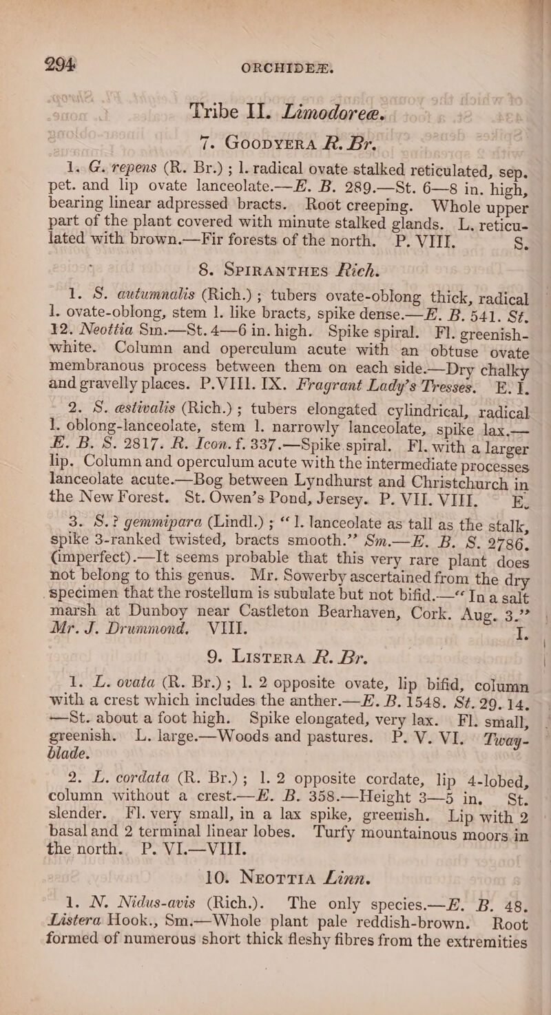 Tribe Il. Limodoree. 7. GoopvERA R. Br. 1..G. repens (R. Br.) ; 1. radical ovate stalked reticulated, sep. pet. and lip ovate lanceolate-—H. B. 289.—St. 6—8 in. high, bearing linear adpressed bracts. Root creeping. Whole upper part of the plant covered with minute stalked glands. L. reticu- lated with brown.—Fir forests of the north. P. VIII. a 8. SPIRANTHES ich. 1. S. autumnalis (Rich.) ; tubers ovate-oblong thick, radical 1. ovate-oblong, stem 1. like bracts, spike dense.—E. B. 541. S#. 12. Neottia Sm.—St.4—6 in. high. Spike spiral. FI. greenish- white. Column and operculum acute with an obtuse ovate membranous process between them on each side.—Dry chalky and gravelly places. P.VII1. IX. Fragrant Lady’s Tresses. E. 1, 2. S. estivalis (Rich.) ; tubers elongated cylindrical, radical 1. oblong-lanceolate, stem 1. narrowly lanceolate, spike lax.— H. B.S. 2817. R. Icon. f.337.—Spike spiral. Fl. with a larger lip. Column and operculum acute with the intermediate processes lanceolate acute.—Bog between Lyndhurst and Christchurch in the New Forest. St. Owen’s Pond, Jersey. P. VII. VIII. E. 3. S.? gemmipara (Lindl.) ; ‘1. lanceolate as tall as the stalk, spike 3-ranked twisted, bracts smooth.’”? Sm.—E. B. 8. 2786. (Cmperfect).—It seems probable that this very rare plant does not belong to this genus. Mr. Sowerby ascertained from the d Specimen that the rostellum is subulate but not bifid.—“ In a salt marsh at Dunboy near Castleton Bearhaven, Cork. AUS. Sod Mr. J. Drummond, VIII. 9. Listera R. Br. 1. L. ovata (R. Br.) ; 1. 2 opposite ovate, lip bifid, column with a crest which includes the anther.—E. B. 1548. St. 29.14. —St. about a foot high. Spike elongated, very lax. Fl. small, greenish. L. large.—Woods and pastures. P. V. VI. Tway- blade. 2. L. cordata (R. Br.); 1.2 opposite cordate, lip 4-lobed, column without a crest.— EH. B. 358.—Height 3—5 in. St. slender. Fl. very small, in a lax spike, greenish. Lip with 2 basal and 2 terminal linear lobes. Turfy mountainous moors in the north. P. VI.—VIII. 10. Neortia Linn. 1. N. Nidus-avis (Rich.). The only species —E. B. 48. Listera Hook., Sm.—Whole plant pale reddish-brown. Root formed of numerous short thick fleshy fibres from the extremities