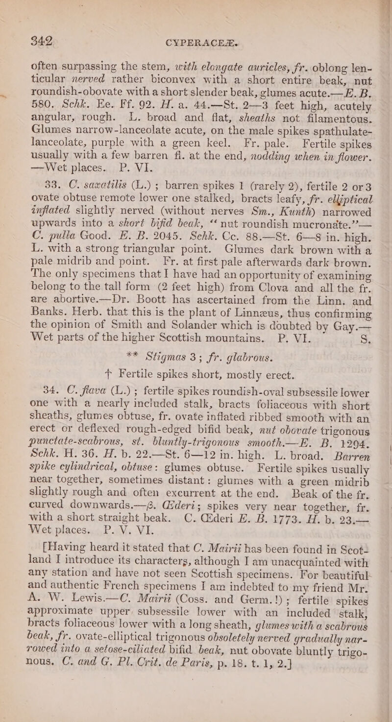 often surpassing the stem, with elongate auricles, fr. oblong len- ticular nerved rather biconvex with a short entire beak, nut roundish-obovate with a short slender beak, glumes acute.—E. B. 580. Schk. Ee. Ff. 92. H. a. 44.—St. 2—3 feet high, acutely angular, rough. L. broad and flat, sheaths not filamentous. Glumes narrow-lanceolate acute, on the male spikes spathulate- lanceolate, purple with a green keel. Fr. pale. Fertile spikes usually with a few barren fi. at the end, nodding when in flower. —Wet places... P. VI. 33. C. saxatilis (L.) ; barren spikes 1 (rarely 2), fertile 2 or3 ovate obtuse remote lower one stalked, bracts leafy, fr. eliiptical inflated slightly nerved (without nerves Sm., Kunth) narrowed upwards into a short bifid beak, “‘ nut roundish mucronate.”— C. pulla Good. E. B. 2045. Sehk. Ce. 88.—St. 6—8 in. high. LL. with a strong triangular point. Glumes dark brown with a pale midrib and point. Fr. at first pale afterwards dark brown. The only specimens that I have had an opportunity of examining belong to the tall form (2 feet high) from Clova and all the fr. are abortive.—Dr. Boott has ascertained from the Linn. and Banks. Herb. that this is the plant of Linneus, thus confirming the opinion of Smith and Solander which is doubted by Gay.— Wet parts of the higher Scottish mountains. P. VI. S. ** Stigmas 3; fr. glabrous. 7 Fertile spikes short, mostly erect. 34. C. flava (L.) ; fertile spikes roundish-oval subsessile lower one with a nearly included stalk, bracts foliaceous with short sheaths, glumes obtuse, fr. ovate inflated ribbed smooth with an erect or deflexed rough-edged bifid beak, nut obovate trigonous punctate-seabrous, st. bluntly-trigonous smooth.—E. B. 1294. Schk. H. 36. H. b. 22.—St. 6—12 in. high. L. broad. Barren spike cylindrical, obtuse: glumes obtuse. Fertile spikes usually near together, sometimes distant: glumes with a green midrib slightly rough and often excurrent at the end. Beak of the fr. curved downwards.—g. Gideri; spikes very near together, fr. with a short straight beak. C.C&amp;deri E. B. 1773. H. b. 23.— Wet places. P. V. VI. [Having heard it stated that C. Mairii has been found in Scot. land I introduce its characters, although I am unacquainted with any station and have not seen Scottish specimens. For beautiful and authentic French specimens I am indebted to my friend Mr. A. W. Lewis.—C. Mairii (Coss. and Germ. !); fertile spikes approximate upper subsessile lower with an included stalk, bracts foliaceous lower with a long sheath, glumes with a scabrous beak, fr. ovate-elliptical trigonous obsoletely nerved gradually nar- rowed into a setose-ciliated bifid beak, nut obovate bluntly trigo- nous. C. and G, Pl. Crit. de Paris, p. 18. t. 1, 2.]