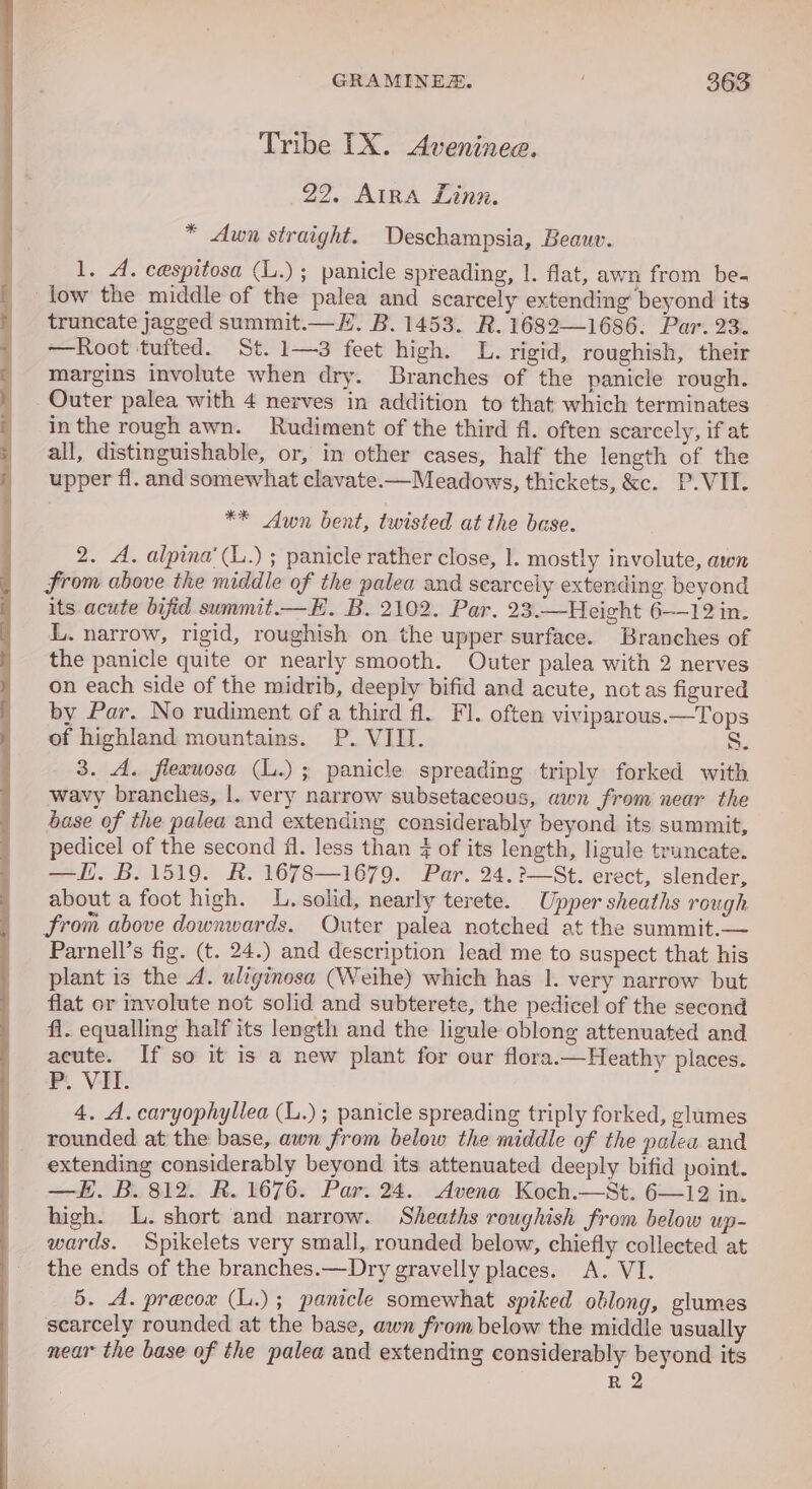 Tribe IX. &lt;Avenineg. 22. AIRA Linn. * Awn straight. Deschampsia, Beauv. 1. A. cespitosa (L.) ; panicle spreading, |. flat, awn from be- low the middle of the palea and scarcely extending beyond its truncate jagged summit.—H. B. 1453. R.1682—1686. Par. 23. —Root tufted. St. 1—3 feet high. L. rigid, roughish, their margins involute when dry. Branches of the panicle rough. Outer palea with 4 nerves in addition to that which terminates inthe rough awn. Rudiment of the third fl. often scarcely, if at all, distinguishable, or, in other cases, half the length of the upper fl. and somewhat clavate.-—Meadows, thickets, &amp;c. P.VII. ** Awn bent, twisted at the base. 2. A. alpina’ (L.) ; panicle rather close, 1. mostly involute, awn from above the middle of the palea and scarcely extending beyond its acute bifid summit.—E. B. 2102. Par. 23.—Height 6—12 in. L. narrow, rigid, roughish on the upper surface. Branches of the panicle quite or nearly smooth. Outer palea with 2 nerves on each side of the midrib, deeply bifid and acute, not as figured by Par. No rudiment of a third fl. Fl. often viviparous.—Tops of highland mountains. P. VIII. S. 3. A. flexwosa (L.) ; panicle spreading triply forked with wavy branches, |. very narrow subsetaceous, awn from near the base of the palea and extending considerably beyond its summit, pedicel of the second fi. less than 4 of its length, ligule truncate. —H. B. 1519. R. 1678—1679. Par. 24.?—St. erect, slender, about a foot high. L.solid, nearly terete. Upper sheaths rough from above downwards. Outer palea notched at the summit.— Parnell’s fig. (t. 24.) and description lead me to suspect that his plant is the 4. uliginosa (Weihe) which has 1. very narrow but flat or involute not solid and subterete, the pedicel of the second fl. equalling half its length and the ligule oblong attenuated and acute. If so it is a new plant for our flora.—Heathy places. y. VE. 4. A. caryophyliea (L.); panicle spreading triply forked, glumes rounded at the base, awn from below the middle of the palea and extending considerably beyond its attenuated deeply bifid point. —H. B. 812. R. 1676. Par. 24. Avena Koch.—St. 6—12 in. high. L.short and narrow. Sheaths roughish from below up- wards. Spikelets very small, rounded below, chiefly collected at the ends of the branches.—Dry gravelly places. A. VI. 5. A. precox (L.); panicle somewhat spiked oblong, glumes scarcely rounded at the base, awn from below the middle usually near the base of the palea and extending considerably beyond its R 2