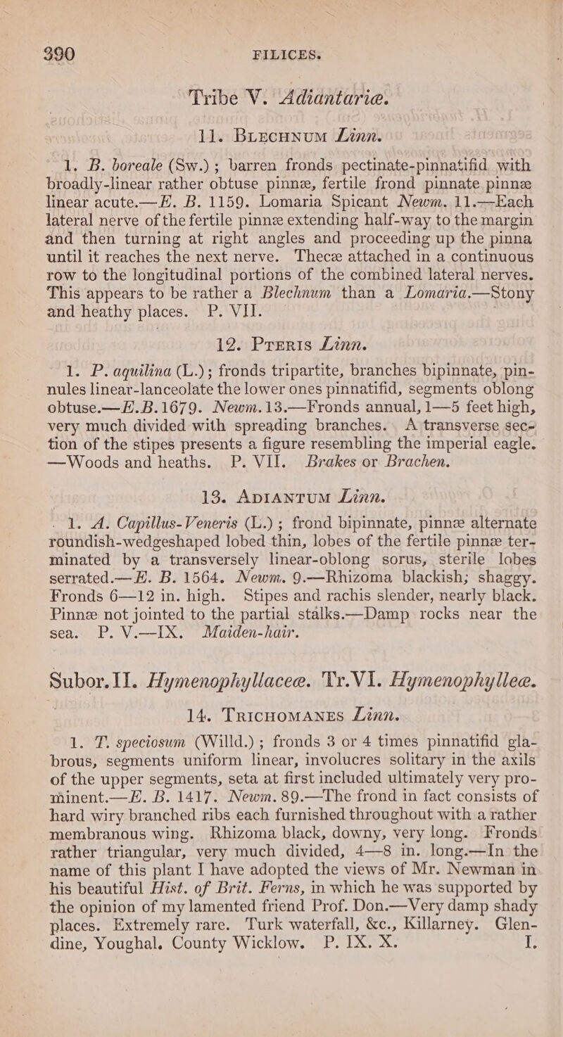 Tribe V. Adiantarie. 11. BLecunum Linn. 1. B. boreale (Sw.) ; barren fronds pectinate-pinnatifid with broadly-linear rather obtuse pinne, fertile frond pinnate pinne linear acute.—E. B. 1159. Lomaria Spicant Newm. 11.—Each lateral nerve of the fertile pinnz extending half-way to the margin and then turning at right angles and proceeding up the pinna until it reaches the next nerve. Thece attached in a continuous row to the longitudinal portions of the combined lateral nerves. This appears to be rather a Blechnum than a Lomaria. —Stony and heathy places. BONY Ldoaee 12. Preris Linn. 1. P. aquilina (L.); fronds tripartite, branches bipinnate, pin- nules linear-lanceolate the lower ones pinnatifid, segments oblong obtuse.—H.B.1679. Newm.13.—Fronds annual, 1—5 feet high, very much divided with spreading branches. A transverse sec- tion of the stipes presents a figure resembling the imperial eagle. —Woods and heaths. P. VII. Brakes or Brachen. 13. Ap1iantuM Linn. _ 1. A. Capillus-Veneris (L.) ; frond bipinnate, pinne alternate roundish-wedgeshaped lobed thin, lobes of the fertile pinne ter- minated by a transversely linear-oblong sorus, sterile lobes serrated.— H. B. 1564. Newm. 9.—Rhizoma blackish; shaggy. Fronds 6—12 in. high. Stipes and rachis slender, nearly black. Pinne not jointed to the partial stalks —Damp rocks near the sea. P. V.—IX. Maiden-hair. Subor. II. itos hee yllacee. Tr. VI. Hymenophyliee. . TRICHOMANES Linn. 1. T. speciosum in ; fronds 3 or 4 times pinnatifid gla- brous, segments uniform linear, involucres solitary in the axils of the upper segments, seta at first included ultimately very pro- minent.—H. B. 1417. Newm.89.—The frond in fact consists of hard wiry branched ribs each furnished throughout with a rather membranous wing. Rhizoma black, downy, very long. Fronds rather triancular, very much divided, 4—8 in. long.—In the name of this plant I have adopted the views of Mr. Newman in his beautiful Hist. of Brit. Ferns, in which he was supported by the opinion of my lamented friend Prof. Don.—Very damp shady places. Extremely rare. Turk waterfall, &amp;c., Killarney. Glen- dine, Youghal. County Wicklow. P. IX. X. Lb