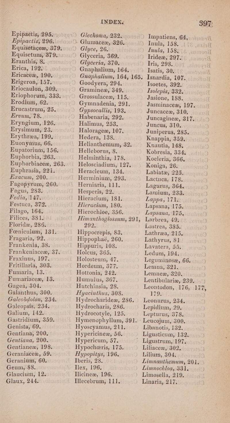 Epipactis, 295. Epipactis; 296: Equisetacez, 379. Equisetum, 879. Eranthis, 8. Erica, 192: HKricacez, 190. Erigeron, 157. Eriocaulon, 309. Eriophorum, 333. Erodium, 62. Erucastrum, 25. Ervum, 78. Eryngium, 126. Erysimum, 23. Erythrea, 199, Euonymus, 66. Eupatorium, 156. Euphorbia, 263. Euphrasia, 221. Exacum, 200. Fagopvrum, 260. Fagus, 283. Fedia, 147.: Festuca, 372. Filago, 164, Filices, 381. Floridx,. 286: Feeniculum, 1381. Fragaria, 92. Frankenia, 38. Frankeniacex, 37, Fraxinus, 197. Fritillaria, 303. Fumaria, 13. Fumariacee, 13. Gagea, 304. Galanthus, 300. Galecbdolon, 234. Galeopsis, 234. Galium, i142. Gastridium, 359. Genista, 69. Gentiana, 200. Gentiana, 200. Gentianee, 198. Geraniaceex, 59. Geranium, 60. Geum, 88. Glaucium, 12. Glaux, 244. INDEX. Glechoma, 232. Glyce, 26. Glyceria, 369. Glyceria, 370. Gnaphalium, 164, Gnaphalium, 164, 165. Goodyera, 294. Graminex, 349. . Grossulacez, 115. Gymnadenia, 291. Gypsocallis, 193. Habenaria, 292. Halimus, 253. Haloragezx, 107. Hedera, 138. Helianthemum, 32. Helleborus, 8. Helminthia, 178. Helosciadium, 127. Heracleum, 134. Herminium, 293. Herniaria, 111. Hesperis, 22. Hieracium, 181. Hieracium, 180. Hierochloe, 356. Himanthoglossum, 291, 292. Hippocrepis, 83. Hippophae, 260. Hippuris, 108. Holcus, 365. Holosteum, 47. Hordeum, 377. Hottonia, 242. Humulus, 367. Hutchinsia, 28. Hyacinthus, 308. Hydrocharidex, 286. Hydrocharis, 286. Hydrocotyle, 125. Hymenophyllum, 391. Hyoscyamus, 211. Hypericinee, 56. Hypericum, 57. Hypocheeris, 175. Hypopitys, 196. Iberis, 28. Tlex, 196. Ilicineze, 196. Illecebrum, 111. Impatiens, 64... a Inula, 158; Tridex, 297. Iris, 298. Isatis, 30. Isnardia, 107. Isoetes, 392. Jasione, 188. Jasminacee, 197. Juncacee, 310. Juncaginex, 317. Juncus, 310. Juniperus, 285. Knappia, 359, Knautia, 148. Kobresia, 334, Koeleria, 366. Koniga, 26. Labiatx, 225. Lactuca, 178, Lagurus, 364, Lamium, 233. Lappa, 171. Lapsana, 175. Lapsana, 175. Larbrea, 49, Lastrea, 385. Lathreea,! 215, Lathyrus, 81. Lavatera, 55. Ledum, 194. Leguminose, 66. Lemna, 821. Lemneze, 320. Lentibulariz, 239. Leontodon, 176, 177, 179. Leonurus, 234. Lepidium, 29. Lepturus, 378. Libanotis, 132. Ligusticum, 182. Liliacex, 302, Lilium, 304. Limnanthemum, 201. Limnochloa, 331. Limosella, 219. Linaria, 217.