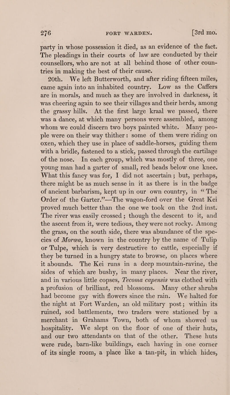 party in whose possession it died, as an evidence of the fact. The pleadings in their courts of law are conducted by their counsellors, who are not at all behind those of other coun- tries in making the best of their cause. 20th. We left Butterworth, and after riding fifteen miles, came again into an inhabited country. Low as the Caffers are in morals, and much as they are involved in darkness, it was cheering again to see their villages and their herds, among the grassy hills. At the first large kraal we passed, there was a dance, at which many persons were assembled, among whom we could discern two boys painted white. Many peo- ple were on their way thither: some of them were riding on oxen, which they use in place of saddle-horses, guiding them with a bridle, fastened to a stick, passed through the cartilage of the nose. In each group, which was mostly of three, one young man had a garter of small, red beads below one knee. What this fancy was for, I did not ascertain; but, perhaps, there might be as much sense in it as there is in the badge of ancient barbarism, kept up in our own country, in “The Order of the Garter.”—The wagon-ford over the Great Kei proved much better than the one we took on the 2nd inst. The river was easily crossed ; though the descent to it, and the ascent from it, were tedious, they were not rocky. Among the grass, on the south side, there was abundance of the spe- cies of Morea, known in the country by the name of Tulip or Tulpe, which is very destructive to cattle, especially if they be turned in a hungry state to browse, on places where it abounds. The Kei runs in a deep mountain-ravine, the sides of which are bushy, in many places. Near the river, and in various little copses, Tecoma capensis was clothed with a profusion of brilliant, red blossoms. Many other shrubs had become gay with flowers since the rain. We halted for the night at Fort Warden, an old military post; within its ruined, sod battlements, two traders were stationed by a merchant in Grahams Town, both of whom showed us hospitality. We slept on the floor of one of their huts, and our two attendants on that of the other. These huts were rude, barn-like buildings, each having in one corner of its single room, a place like a tan-pit, in which hides,