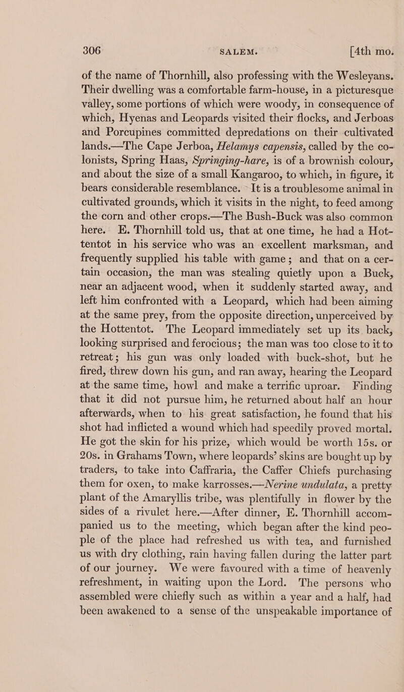 of the name of Thornhill, also professing with the Wesleyans. Their dwelling was a comfortable farm-house, in a picturesque valley, some portions of which were woody, in consequence of which, Hyenas and Leopards visited their flocks, and Jerboas and Porcupines committed depredations on their cultivated lands.—The Cape Jerboa, Helamys capensis, called by the co- lonists, Spring Haas, Springing-hare, is of a brownish colour, and about the size of a small Kangaroo, to which, in figure, it bears considerable resemblance. ~ It is a troublesome animal in cultivated grounds, which it visits in the night, to feed among the corn and other crops.—The Bush-Buck was also common here. EK. Thornhill told us, that at one time, he had a Hot- tentot in his service who was an excellent marksman, and frequently supplied his table with game; and that on a cer- tain occasion, the man was stealing quietly upon a Buck, near an adjacent wood, when it suddenly started away, and left him confronted with a Leopard, which had been aiming at the same prey, from the opposite direction, unperceived by the Hottentot. The Leopard immediately set up its. back, looking surprised and ferocious; the man was too close to it to retreat; his gun was only loaded with buck-shot, but he fired, threw down his gun, and ran away, hearing the Leopard at the same time, howl and make a terrific uproar. Finding that it did not pursue him, he returned about half an hour afterwards, when to his great satisfaction, he found that his shot had inflicted a wound which had speedily proved mortal. He got the skin for his prize, which would be worth 15s. or 20s. in Grahams Town, where leopards’ skins are bought up by traders, to take into Caffraria, the Caffer Chiefs purchasing them for oxen, to make karrosses.—Nerine undulata, a pretty plant of the Amaryllis tribe, was plentifully in flower by the sides of a rivulet here.—After dinner, E. Thornhill accom- panied us to the meeting, which began after the kind peo- ple of the place had refreshed us with tea, and furnished us with dry clothing, rain having fallen during the latter part of our journey. We were favoured with a time of heavenly refreshment, in waiting upon the Lord. The persons who assembled were chiefly such as within a year and a half, had been awakened to a sense of the unspeakable importance of