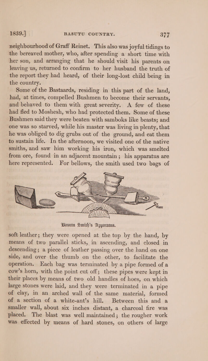 neighbourhood of Graff Reinet. This also was joyful tidings to the bereaved mother, who, after spending a short time with her son, and arranging that he should visit his parents on leaving us, returned to confirm to her husband the truth of the report they had heard, of their long-lost child being in the country. Some of the Bastaards, residing in this part of the land, had, at times, compelled Bushmen to become their servants, and behaved to them with great severity. A few of these had fled to Moshesh, who had protected them. Some of these Bushmen said they were beaten with samboks like beasts; and one was so starved, while his master was living in plenty, that he was obliged to dig grubs out of the ground, and eat them to sustain life. In the afternoon, we visited one of the native smiths, and saw him working his iron, which was smelted from ore, found in an adjacent mountain; his apparatus are here represented. For bellows, the smith used two bags of CQ ——= Basutu Dmith’s Apparatus. soft leather; they were opened at the top by the hand, by means of two parallel sticks, in ascending, and closed in descending; a piece of leather passing over the hand on one side, and over the thumb on the other, to facilitate the operation. Each bag was terminated by a pipe formed of a cow’s horn, with the point cut off; these pipes were kept in their places by means of two old handles of hoes, on which large stones were laid, and they were terminated in a pipe of clay, in an arched wall of the same material, formed of a section of a white-ant’s hill. Between this and a smaller wall, about six inches distant, a charcoal fire was placed. The blast was well maintained; the rougher work was effected by means of hard stones, on others of large