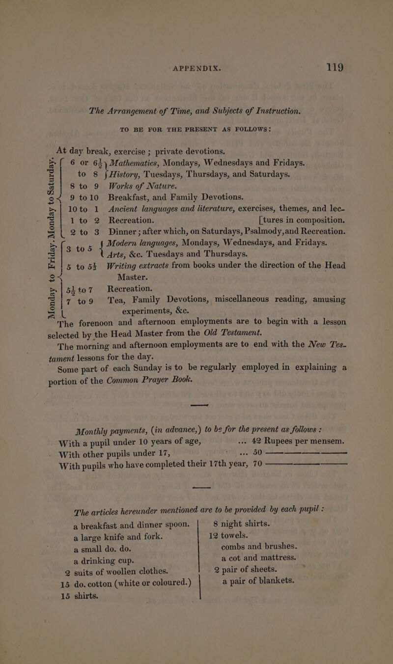 The Arrangement of Time, and Subjects of Instruction. TO BE FOR THE PRESENT AS FOLLOWS: At day break, exercise ; private devotions. { 6 or 63) Mathematics, Mondays, Wednesdays and Fridays. to 8 \ Tistory, Tuesdays, Thursdays, and Saturdays. 8 to 9 Works of Nature. ~ 9to10 Breakfast, and Family Devotions. 10to 1 Ancient languages and literature, exercises, themes, and lec- 1 to 2 Recreation. [tures in composition. {| 2to 3 Dinner; after which, on Saturdays, Psalmody,and Recreation. Bey Ri ek languages, Mondays, Wednesdays, and Fridays. Arts, &amp;c. Tuesdays and Thursdays. 5 to 53 Writing extracts from books under the direction of the Head Master. | 54 t07 Recreation. \7 to9 Tea, Family Devotions, miscellaneous reading, amusing L experiments, &amp;c. The forenoon and afternoon employments are to begin with a lesson selected by the Head Master from the Old Testament. The morning and afternoon employments are to end with the Mew Tes. tament lessons for the day. Some part of each Sunday is to be regularly employed in explaining a portion of the Common Prayer Book. Monday to Saturday. A} Monday to Friday Monthly payments, (in advance, ) to be for the present as follows : With a pupil under 10 years of age, ... 42 Rupees per mensem. With other pupils under 17, ng Te 50 bey With pupils who have completed their 17th year, 70 The articles hereunder mentioned are to be provided by each pupil : a breakfast and dinner spoon. 8 night shirts. a large knife and fork. 12 towels. a small do. do. combs and brushes. a drinking cup. a cot and mattress. 2 suits of woollen clothes. 2 pair of sheets. 15 do. cotton (white or coloured.) a pair of blankets. 15 shirts. *