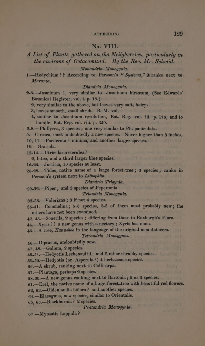 No. VIII. A List of Plants gathered on the Netlgherries, particularly in the environs of Ootacamund. By the Rev. Mr. Schmid. Monandria Monogynia. 1.—Hedychium ? ? According to Persoon’s “ Systema,” it ranks next to Maranta. Diandria Monogynia. 2-5.—Jasminum 1, very similar te Jasminum hirsutum, (See Edwards’ Botanical Register, vol. i. p. 18.) 2, very similar to the above, but leaves very soft, hairy. 3, leaves smooth, small shrub. B. M. vol. 4, similar to Jasminum revolutum, Bot. Reg. vol. iii. p. 176, and to humile, Bot. Reg. vol. viii. p. 350. . 6-8.—Phillyrea, 3 species ; one very similar to Ph. paniculata. 9.—Circaea, most undoubtedly a new species. Never higher than 3 inches. 10, 11.—Paederota? minima, and another larger species. 12.—Gratiola. 13-15.—Utricularia coerulea ? 2, lutea, and a third larger blue species. 16-25.—Justicia, 10 species at least. 26-28.—Tidoo, native name of a large forest-tree; 3 species; ranks in Persoon’s pyaient next to Lithophiia. Diandria Trigynia. -29-32.—Piper ; and 3 species of Peperomia. Triandria Monogynia. 33-35.—Valeriana ; 3 if not 4 species. 36-41.—Commelina ; 5-6 species, 2-3 of them most probably new; the others have not been examined. 42, 43.—Sonerila, 2 species ; differing from those in Roxburgh’s ae 44,—Xyris ? ? a new genus with a nectary ; Xyris has none. 45.—A tree, Kanushoo in the language of the original mountaineers. Tetrandria Monogynia. 46.—Dipsacus, undoubtedly new. 47, 48.—Galium, 2 species. 49-51.—Hedyotis Lechenaultii, and 2 other shrubby species. 52-55.—Hedyotis (or Asperula?) 4 herbaceous species. 56.—A shrub, ranking next to Callicarpa. 57.—Plantago, perhaps 2 species. 58-60.—A new genus ranking next to Bartonia ; 2 or 3 species. 61.—Erel, the native name of a large forest-tree with beautiful red flowers. 62, 63.—Oldenlandia biflora? and another species. 64.—Elaeagnus, new species, similar to Orientalis. 65, 66.—Blackburnia? 2 species. Pentandria Monogynia. 67.—Myosotis Lappula ?