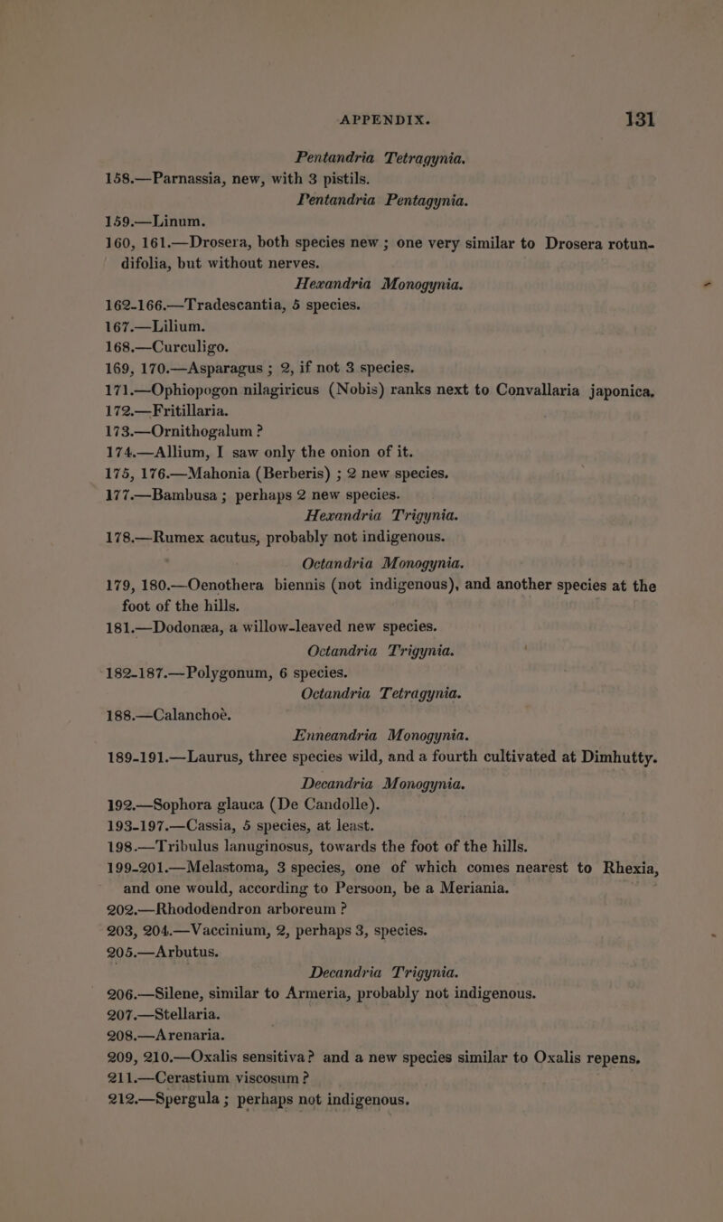 Pentandria Tetragynia. 158.—Parnassia, new, with 3 pistils. Pentandria Pentagynia. 159.—Linum. 160, 161.—Drosera, both species new ; one very similar to Drosera rotun- difolia, but without nerves. Hexandria Monogynia. 162-166.—Tradescantia, 5 species. 167.—Lilium. 168.—Curculigo. 169, 170.—Asparagus ; 2, if not 3 species. 171.—Ophiopogon nilagiricus (Nobis) ranks next to Convallaria japonica. 172.—Fritillaria. 173.—Ornithogalum ? 174.—Allium, I saw only the onion of it. 175, 176.—Mahonia (Berberis) ; 2 new species. 177.—Bambusa ; perhaps 2 new species. Hexandria Trigynia. 178.—Rumex acutus, probably not indigenous. Octandria Monogynia. 179, 180.—Oenothera biennis (not indigenous), and another species at the foot of the hills. 181.—Dodonza, a willow-leaved new species. Octandria Trigynia. 182-187.—Polygonum, 6 species. Octandria Tetragynia. 188.—Calanchoe. Enneandria Monogynia. 189-191.—Laurus, three species wild, and a fourth cultivated at Dimhutty. Decandria Monogynia. 192.—Sophora glauca (De Candolle). 193-197.—Cassia, 5 species, at least. 198.—Tribulus lanuginosus, towards the foot of the hills. 199-201.—Melastoma, 3 species, one of which comes nearest to Rhexia, and one would, according to Persoon, be a Meriania. 202.—Rhododendron arboreum ? 203, 204.—Vaccinium, 2, perhaps 3, species. 205.—Arbutus. Decandria Trigynia. 206.—Silene, similar to Armeria, probably not indigenous. 207.—Stellaria. 208.—Arenaria. 209, 210.—Oxalis sensitiva? and a new species similar to Oxalis repens, 211.—Cerastium viscosum ? 212.—Spergula ; perhaps not indigenous.