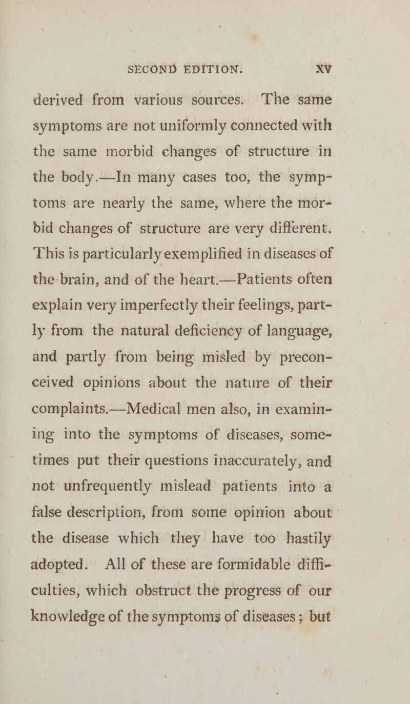 derived from various sources. ‘The same symptoms are not uniformly connected with the same morbid changes of structure in the body.—In many cases too, the symp- toms are nearly the same, where the mor- bid changes of structure are very different. This is particularly exemplified in diseases of the brain, and of the heart.—Patients often explain very imperfectly their feelings, part- ly from the natural deficiency of language, and partly from being misled by precon- ceived opinions about the nature of their complaints.—Medical men also, in examin- ing into the symptoms of diseases, some- times put their questions inaccurately, and not unfrequently mislead patients into a false description, from some opinion about the disease which they have too hastily adopted. All of these are formidable diffi- culties, which obstruct the progress of our knowledge of the symptoms of diseases ; but