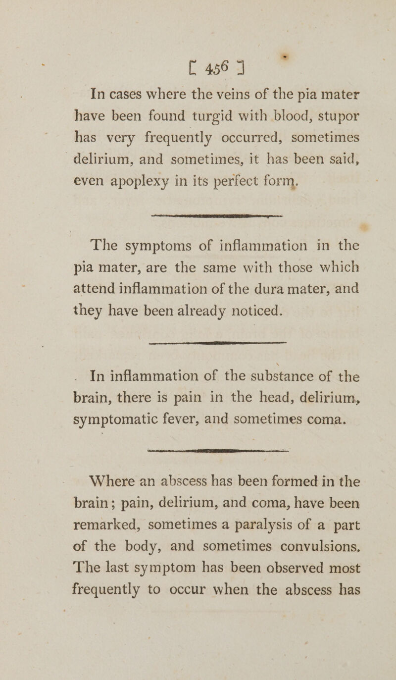 In cases where the veins of the pia mater have been found turgid with blood, stupor has very frequently occurred, sometimes delirium, and sometimes, it has been said, even apoplexy in its perfect form. PST I ET OE I OD eT a - The symptoms of inflammation in the pia mater, are the same with those which attend inflammation of the dura mater, and they have been already noticed. In inflammation of the substance of the brain, there is pain in the head, delirium, symptomatic fever, and sometimes coma. Where an abscess has been formed in the brain; pain, delirium, and coma, have been remarked, sometimes a paralysis of a part of the body, and sometimes convulsions, The last symptom has been observed most frequently to occur when the abscess has