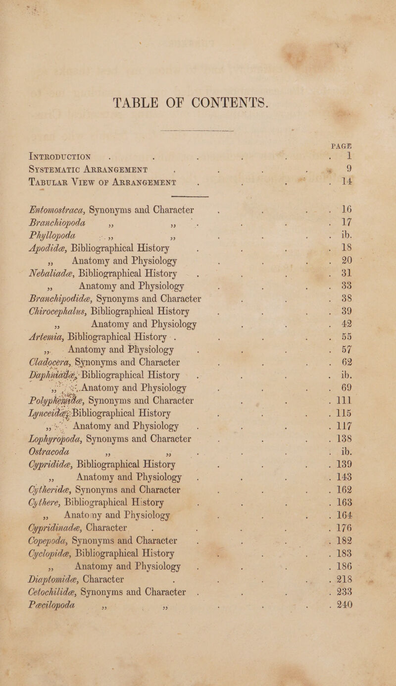 TABLE OF CONTENTS. PAGE INTRODUCTION. sph eeis: | SYSTEMATIC ARRANGEMENT i aes ge Oe TABULAR VIEW OF ARRANGEMENT Meads ae Entomostraca, Synonyms and Character Ree apn Ae) Branchiopoda a i S ; silage Phyllopoda ee : ra). Apodide, Bibliographical Histon LS », Anatomy and Physiology : ne Ona Nebaliade, Bibliographical History oe I ‘oes! _ Anatomy and Physiology : . . oo Branchipodide, Synonyms and Character ; . 38 Chirocephalus, Bibliographical History og 53 Anatomy and Physiology : . 42 Artemia, Bibliographical History -. OO ,». - Anatomy and Physiology ; OW Cladocera, Synonyms and Character ; . 02 Daphithe, Bibliographical History . rae J s.Anatomy and Physiology Mae 209 Polyphenitte, Synonyms and Character ‘ : ce Tynccitta Bibliographical History : ; Pgs “. Anatomy and Physiology —. ale Poa fode: Synonyms and Character . 188 Ostracoda nag illo Cypridide, Bibliognamieal Bae ae 7 ekoo Ms Anatomy and Physiology. . 143 Cytheride, Synonyms and Character pies Sere Cythere, Bibliographical History . 163 » Anatomy and Physiology ee Cypridinade, Character : ars Copepoda, Synonyms and Character. Oe 182 Cyclopide, Bibliographical History : . 183 i Anatomy and Physiology. 186 Diaptomda, Character ee gee Cetochiide, Synonyms and Chameeer . 233 Pecilopoda Py . a : ; 3a . 240