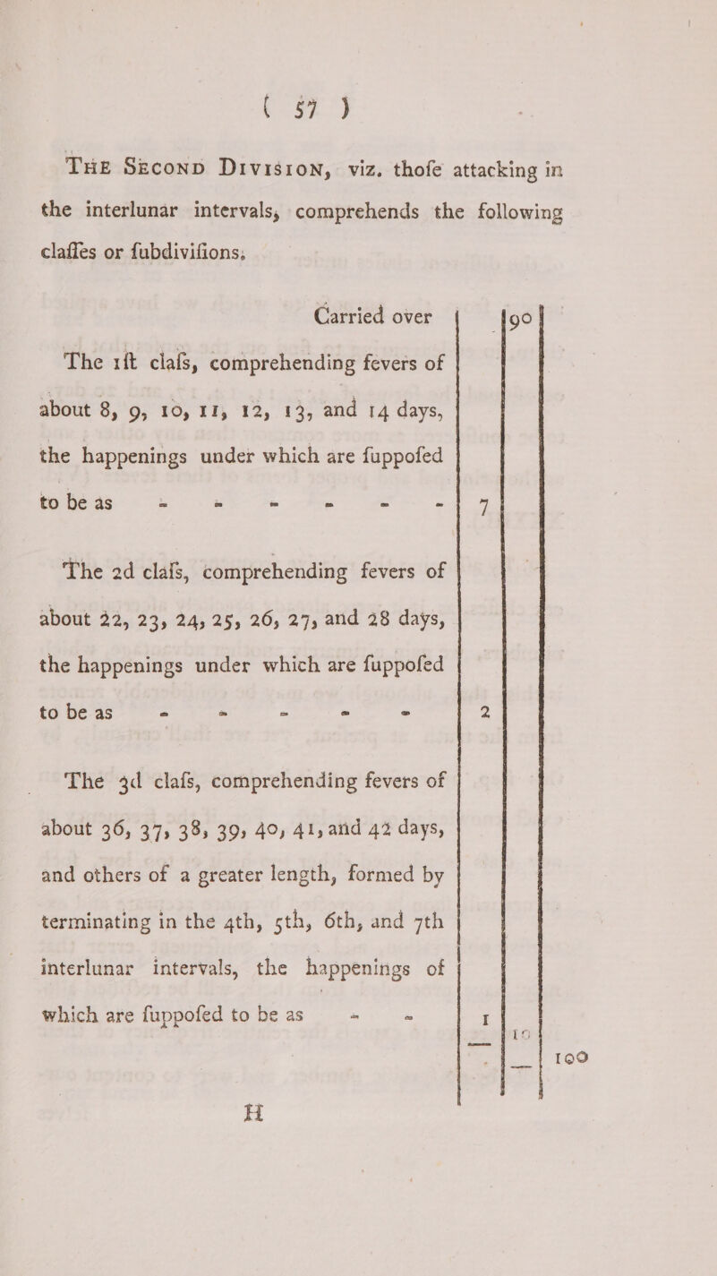 claffes or fubdivifions, Carried over The xit clals, comprehending fevers of about 8, 9; 16, 11, 12,.13, and {4 days, the happenings under which are fuppofed to be as i ie = x a “ The 2d clals, comprehending fevers of about 22, 23, 24, 25, 26, 27, and 28 days, the happenings under which are fuppofed to be as = “ rs * s The 3d clafs, comprehending fevers of about 36, 37, 38, 39) 40, 41, and 42 days, and others of a greater length, formed by terminating in the qth, sth, 6th, and 7th interlunar intervals, the happenings of which are fuppofed tobeas = = 49° | | pe Sr 7 109