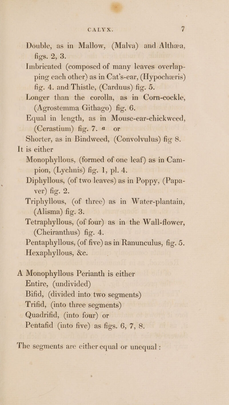 Double, as in Mallow, (Malva) and Althea, figs. 2, 3. | Imbricated (composed of many leaves. overlap- ping each other) as in Cat’s-ear, (Hypochzeris) fig. 4. and Thistle, (Carduus) fig. 5. Longer than the corolla, as im Corn-cockle, (Agrostemma Githago) fig. 6. Equal in length, as m Mouse-ear-chickweed, (Cerastium) fig. 7. @ or Shorter, as in Bindweed, (Convolvulus) fig 8. It is either Monophyllous, (formed of one leaf) as in Cam- pion, (Lychnis) fig. 1, pl. 4. Diphyllous, (of two leaves) as in Poppy, (Papa- ver) fig. 2. Triphyllous, (of three) as in Water-plantain, (Alisma) fig. 3. Tetraphyllous, (of four) as in the Wall-flower, (Cheiranthus) fig. 4. | Pentaphyllous, (of five) as in Ranunculus, fig. 5. Hexaphyllous, &amp;e. A Monophyllous Perianth is either Entire, (undivided) Bifid, (divided into two segments) Trifid, (into three segments) Quadrifid, (ito four) or Pentafid (into five) as figs. 6, 7, 8. The segments are either equal or unequal :