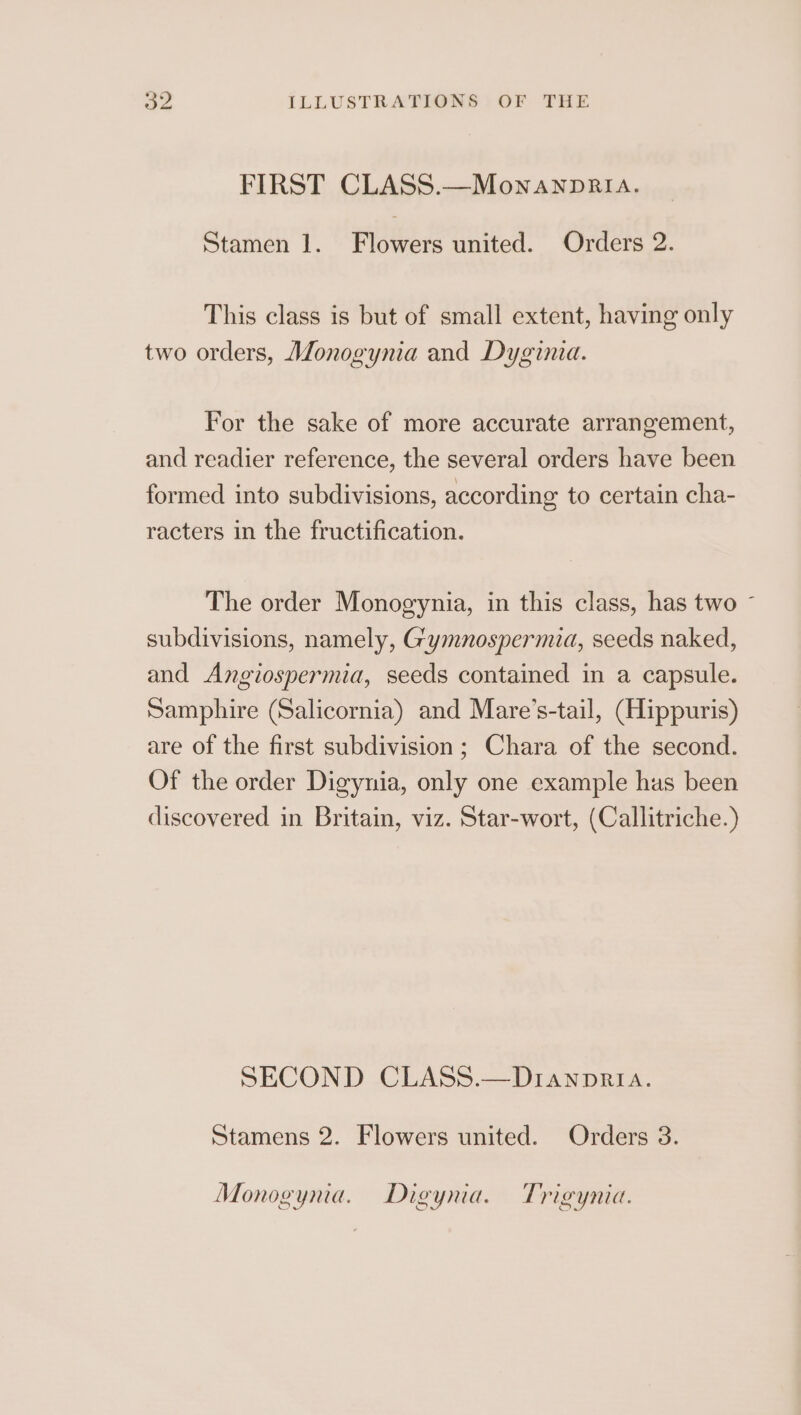 FIRST CLASS.—Monanpprlia. Stamen 1. Flowers united. Orders 2. This class is but of small extent, having only two orders, Monogynia and Dyginia. For the sake of more accurate arrangement, and readier reference, the several orders have been formed into subdivisions, according to certain cha- racters in the fructification. The order Monogynia, in this class, has two subdivisions, namely, Gymnospermia, seeds naked, and Angiospermia, seeds contained in a capsule. Samphire (Salicornia) and Mare’s-tail, (Hippuris) are of the first subdivision; Chara of the second. Of the order Digynia, only one example has been discovered in Britain, viz. Star-wort, (Callitriche.) SECOND CLASS.—D1anpria. Stamens 2. Flowers united. Orders 3. Monogynia. Digynia. Trigynia. s)