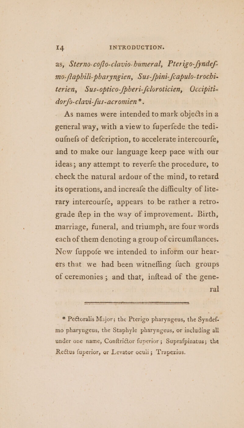 as, Sterno-cofto-clavio-humeral, Pterigo-fyndef- mo-ftaphili-pharyngien, Sus-fpini-fcapulo-trochi- terien, Sus-optico-/phert-fcloroticien, Occipiti- dorfo-clavi-fus-acromien*. | As names were intended to mark objects in a general way, with a view to fuperfede the tedi- ou{nefs of defcription, to accelerate intercourfe, and to make our language keep pace with our ideas; any attempt to reverfe the procedure, to check the natural ardour of the mind, to retard its operations, and increafe the difficulty of lite- rary intercourfe, appears to be rather a retro- grade ftep in the way of improvement. Birth, marriage, funeral, and triumph, are four words each of them denoting a group of circumftances. Now fuppofe we intended to inform our hear- ers that we had been witnefling fuch groups of ceremonies; and that, inftead of the gene- ral pS aE SITS rE — * Pe€toralis Major: the Pterigo pharyngeus, the Syndef.’ mo pharyngeus, the Staphyle pharyngeus, or including all under one name, Conftritor fuperior ; Suprafpinatus; the ReCtus fuperior, or Levator oculi; Trapezius.
